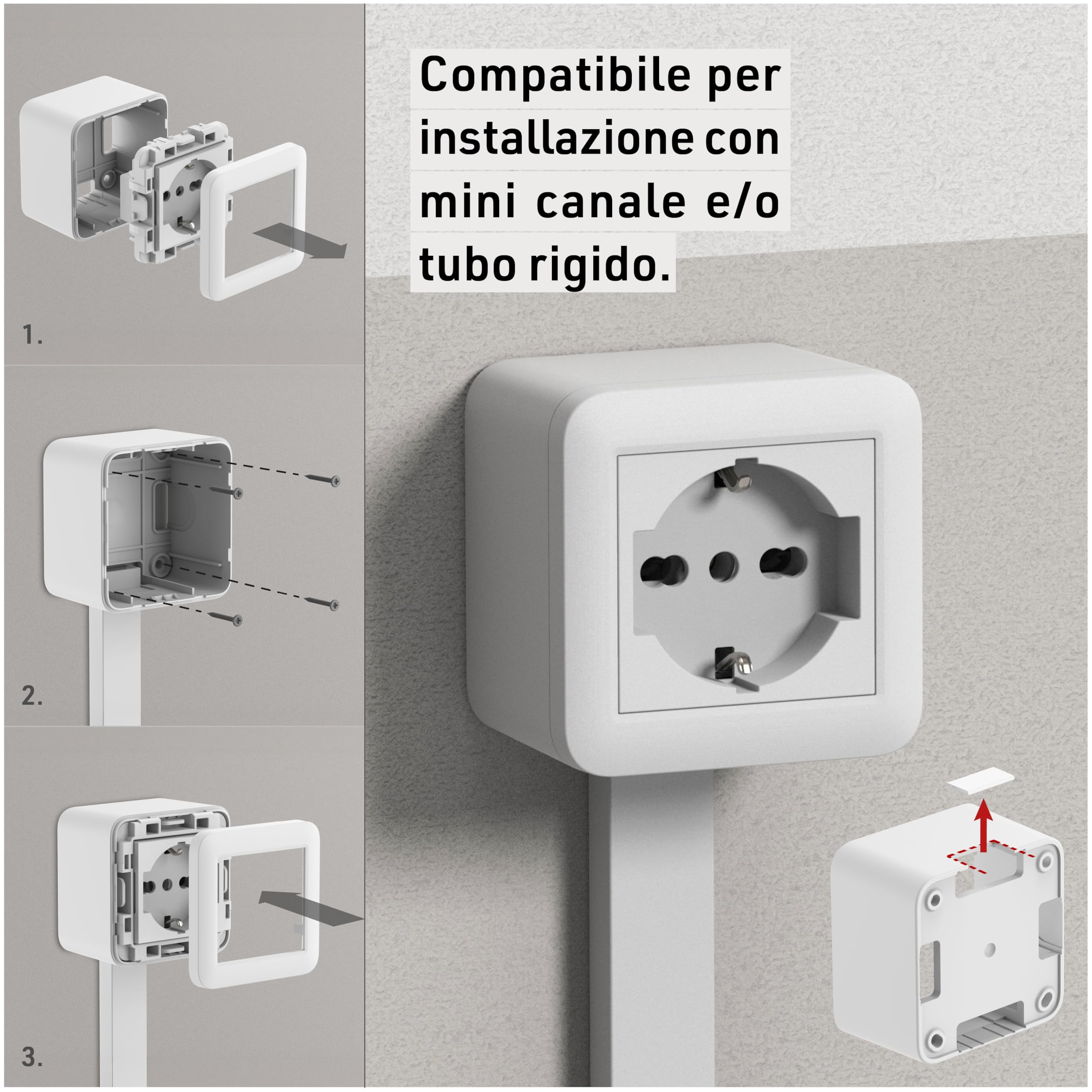 Electraline 60472 Contenitore da superficie FIXA con presa P40 (Schuko+10/16A), Bianco, IP40, compatibile per installazione con tubo rigido e canalina