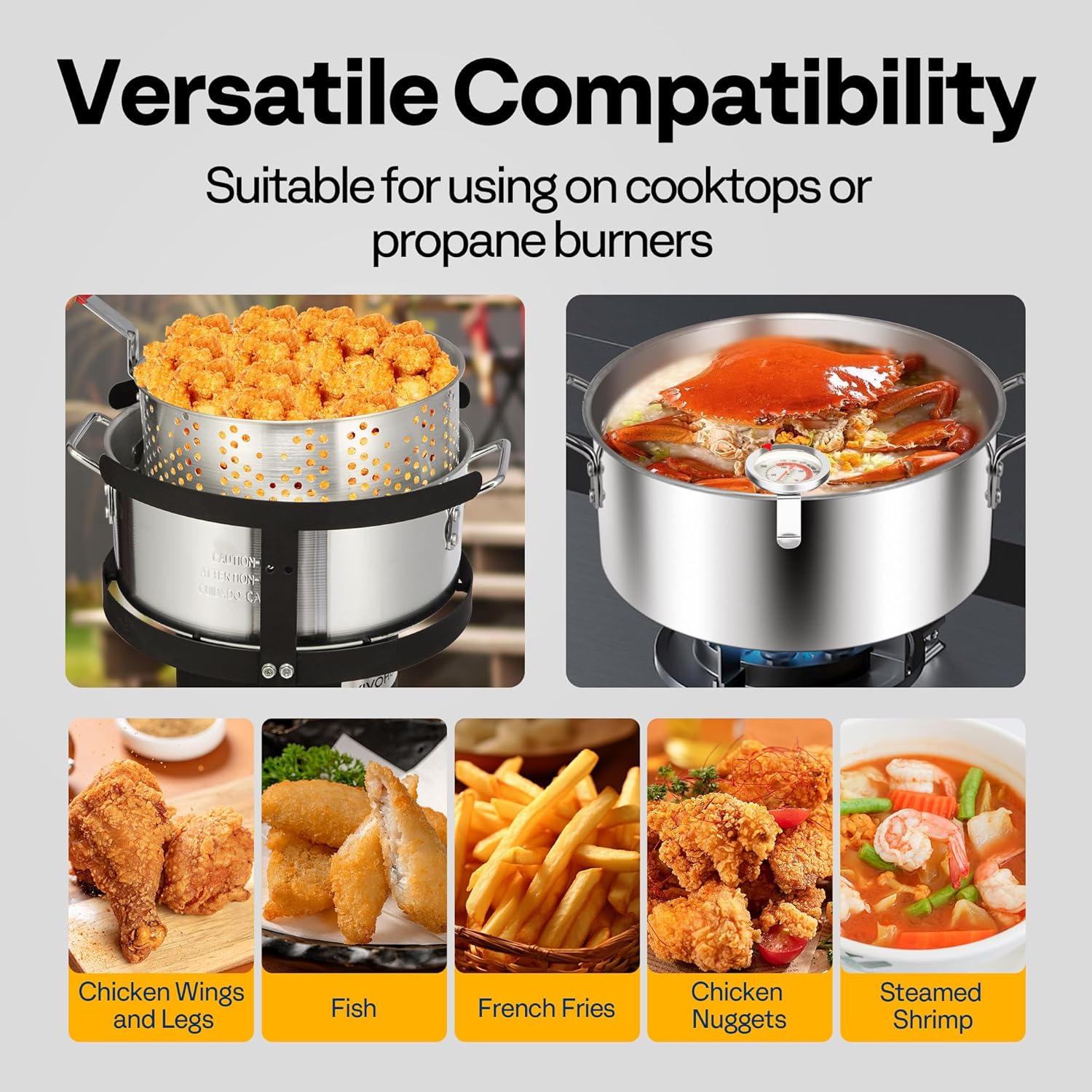 VIVOHOME 10Qt Aluminum Fish Fryer Pot with 6.7Qt Strainer Basket, 4 Inches Thermometer and 54,000 BTU Propane Burner for Outdoor Cooking