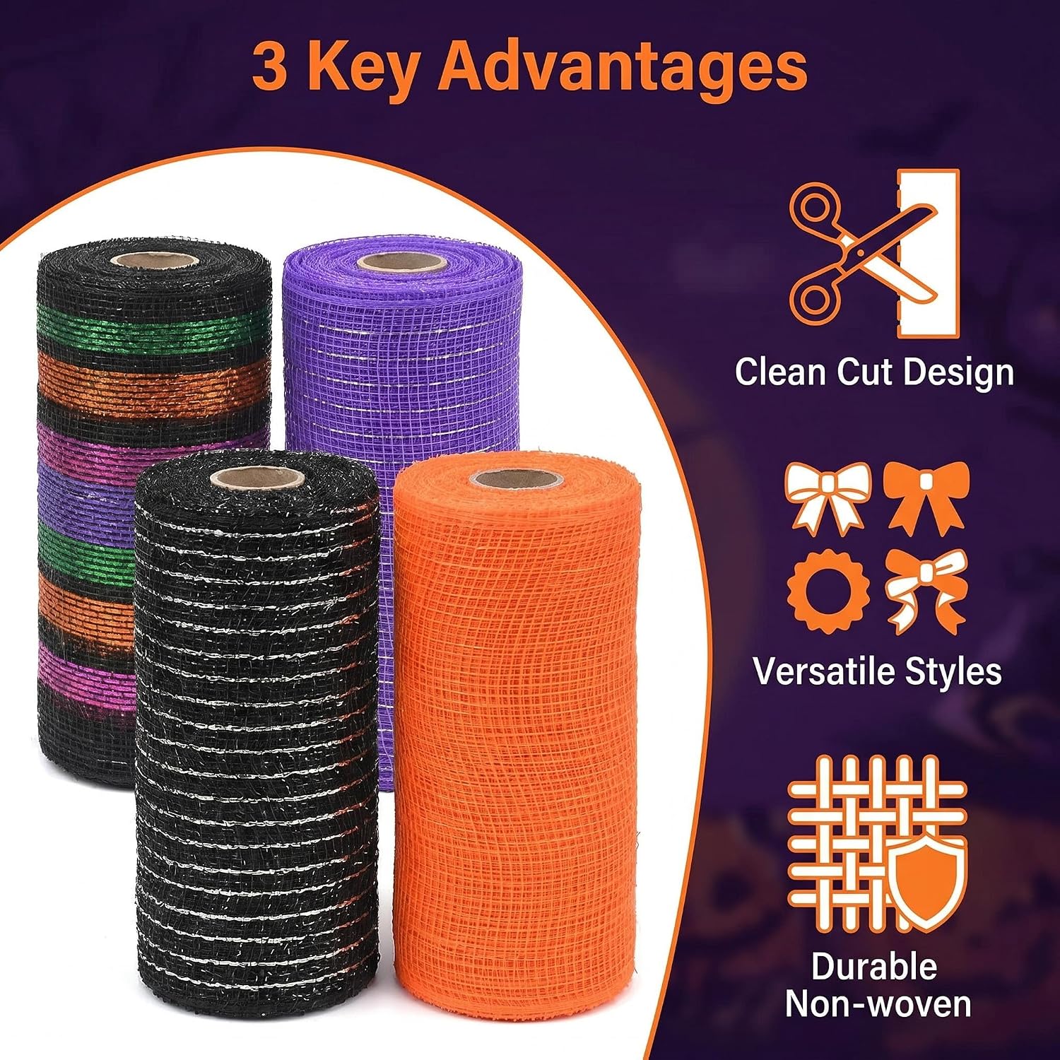 Halloween Mesh Ribbon Deco Fall Metallic Foil Black Purple Orange Green Border Striped Deco Mesh Wire Ribbon Rolls for DIY Halloween Wreaths Decorations Wrapping Craft, 4 Rolls(6 inch Wide)