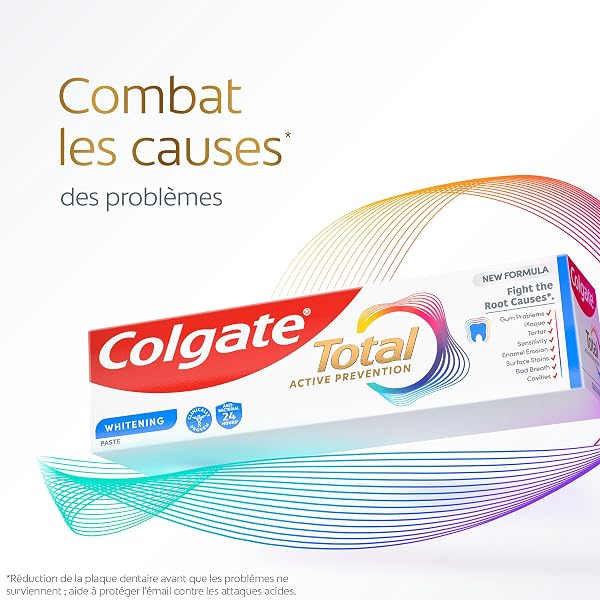 COLGATE - Total Prévention Dentifrice 24h Active Blancheur Naturelle - Aide à prévenir les problèmes bucco-dentaires - Réduit les taches de surface - 3x75ml - 5
