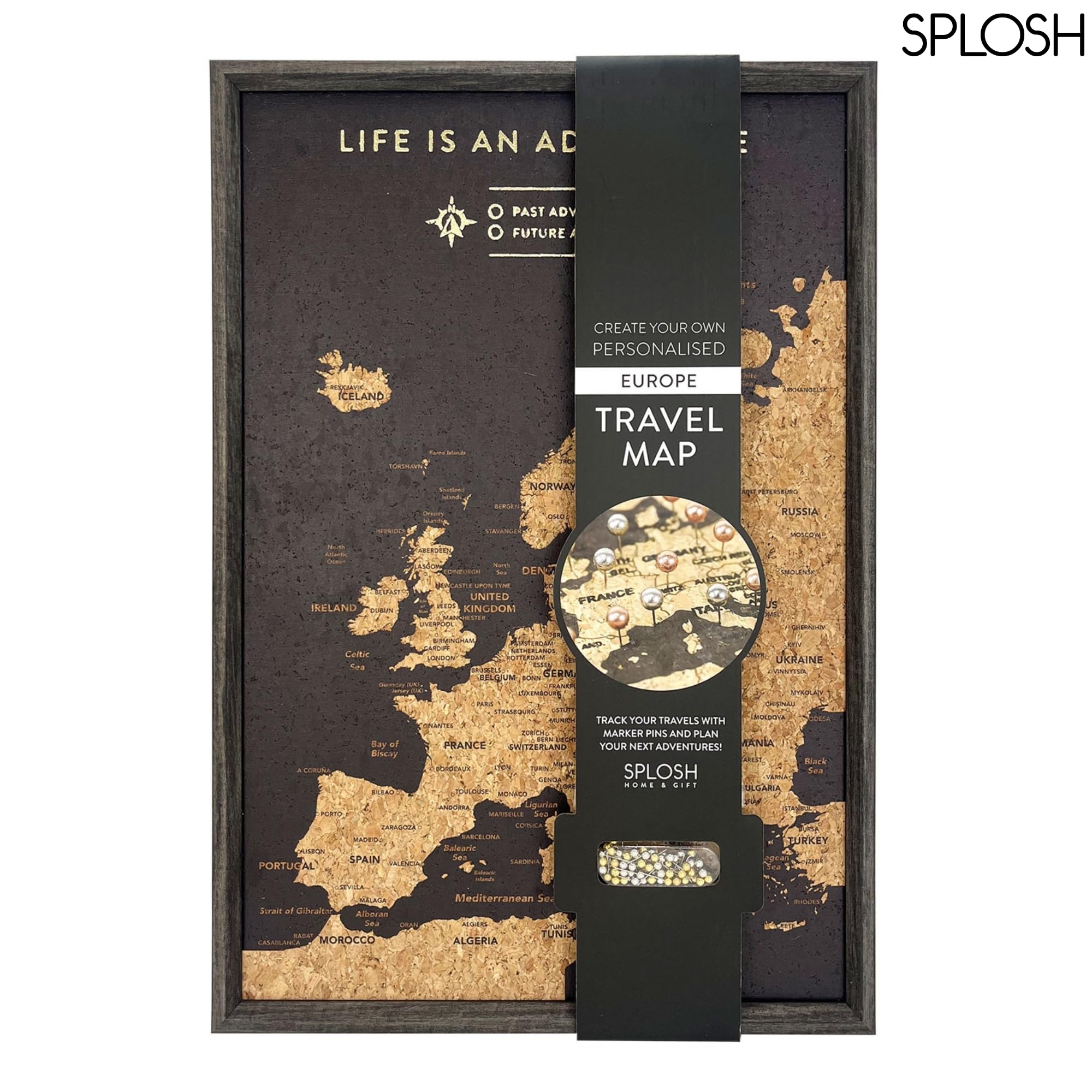 Splosh Carte de l'Europe de Voyage en Liège à Épingler - XL Noir | Carte de l'Europe XL en liège noir à épingler, cadre bois, 100 épingles 3 couleurs, tableau de bureau, 45x31 cm
