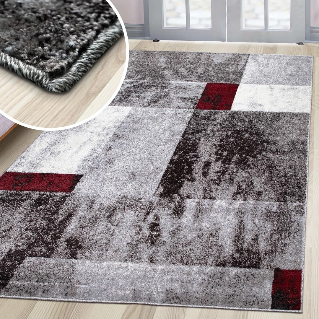 oKu-Tex Teppich Wohnzimmerteppich [80x150 cm] weicher Kurzflor grau rot meliert - Grauer Teppich für das Wohnzimmer - Carpet Living Room - geometrisches Patchwork Design - Deutsche Marke