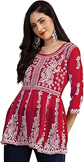 Georgette Women Chikan Embroidery Short A-Line Kurti | Summer Kurti | Short Kurti for Women | Top for Office | Women's Tunics Tops | Kurta Shirt Top | Regular Fit Top