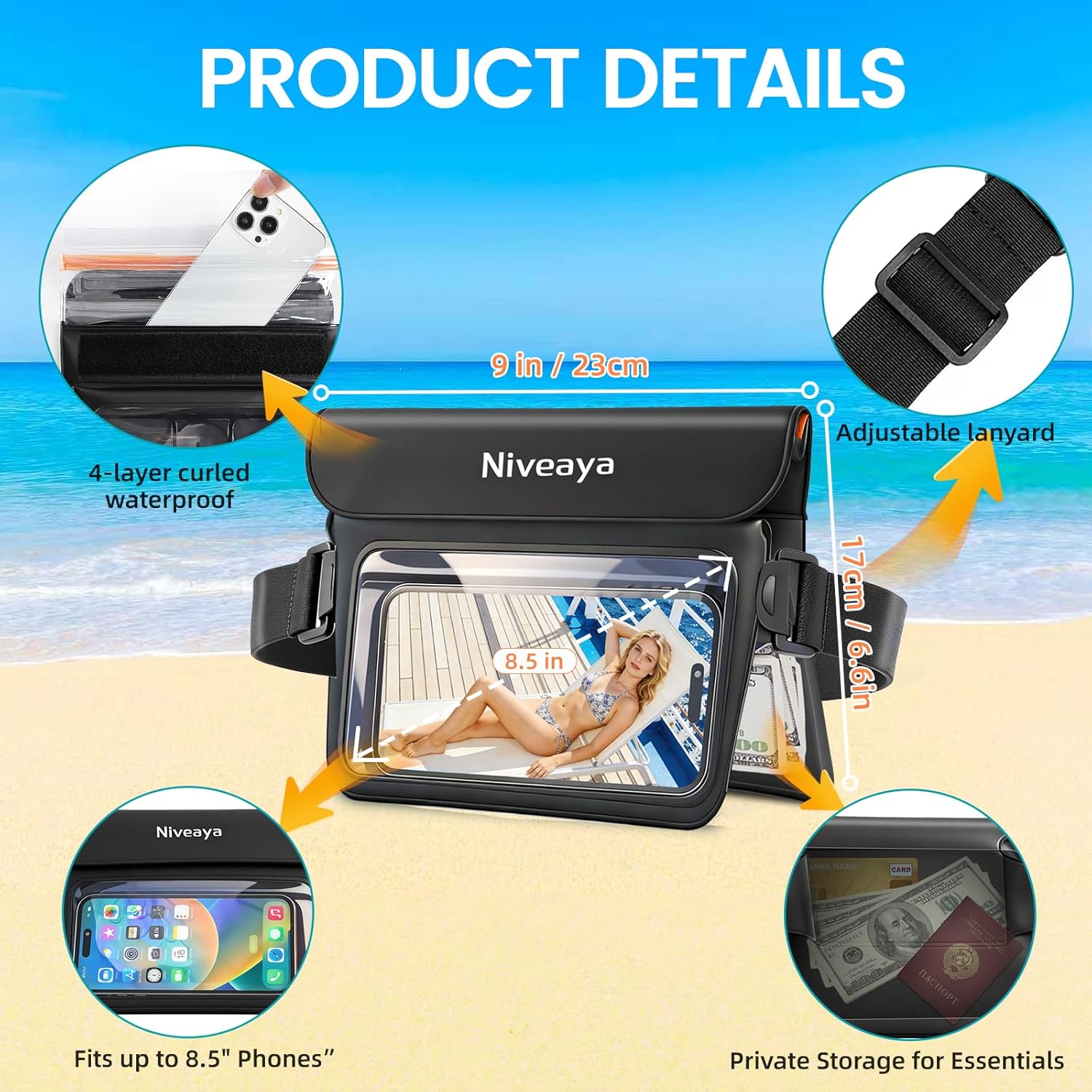 Niveaya Double Space Waterproof Fanny Pack, IPX8 Waterproof Dry Bag Waist Pouch for Beach, Kayaking, Swimming, Boat Travel Essentials, Waterproof Phone Bag & Passport Holder for Women Men(2 Pack)