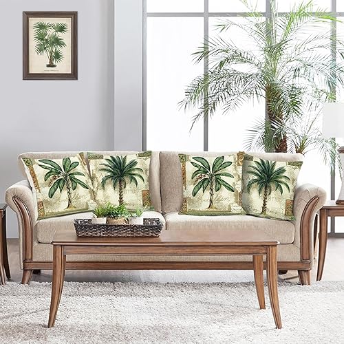 Miniatura 3 de Bonhause Juego de 4 fundas de almohada de palmera tropical de 18 x 18 pulgadas, fundas de almohada decorativas de lino de poliéster y lino para
