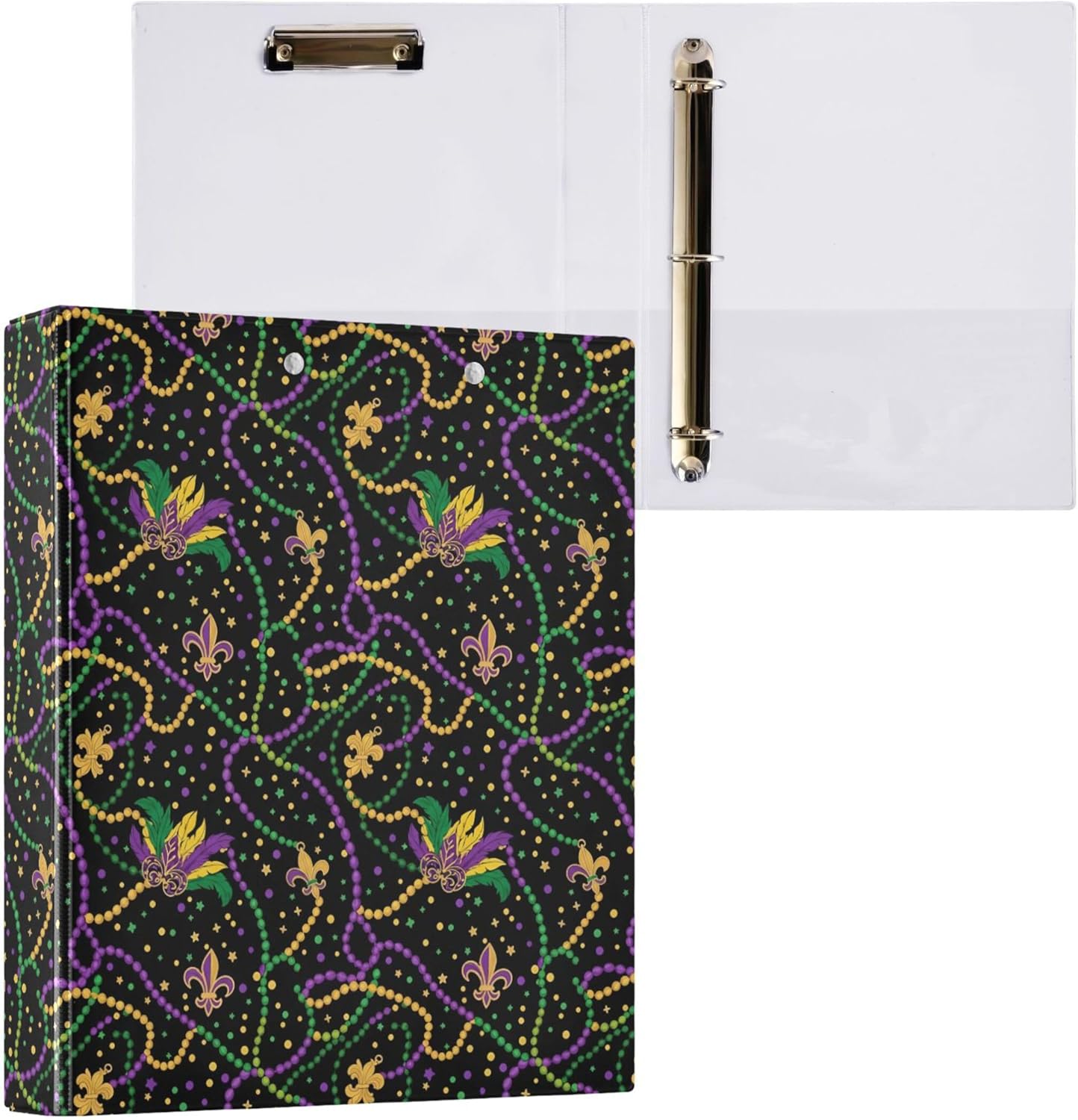 Mardi Gras Theme 3 Ring Binders, 1.5” Round Ring Binders with Clipboard - Letter Size, 3 Interior PVC Clear Pockets & Anti-Slip Clip for Office School Supplies, 2PCS