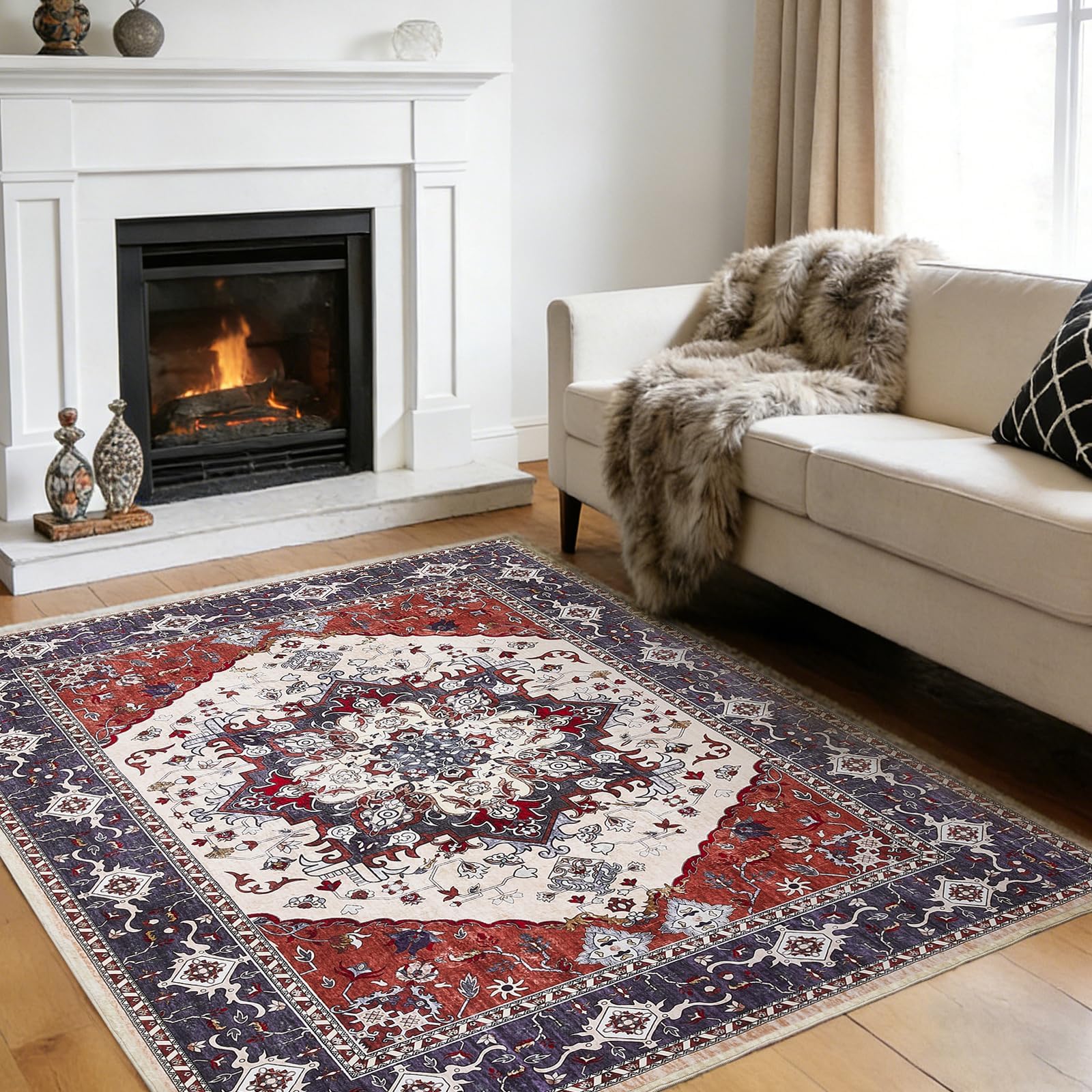 Puremy Vintage Teppich Wohnzimmer, Waschbar Weich Teppiche 160X220CM, Rot