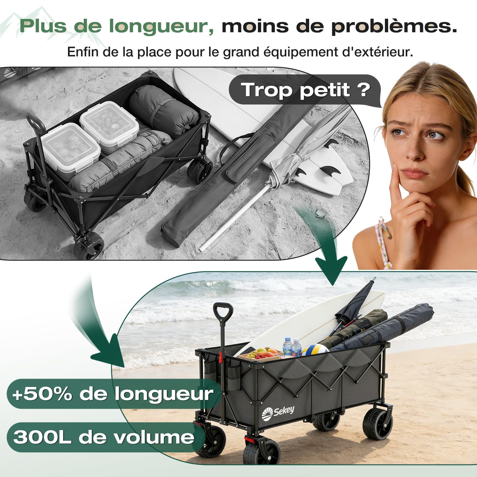 Sekey XXXL Chariot Pliable 300L 200KG, Modèle Allongé avec Roues Tout-Terrain 17x10 cm, Breveté Mécanisme 4-en-1 Dépliage Instantané, Anthracite