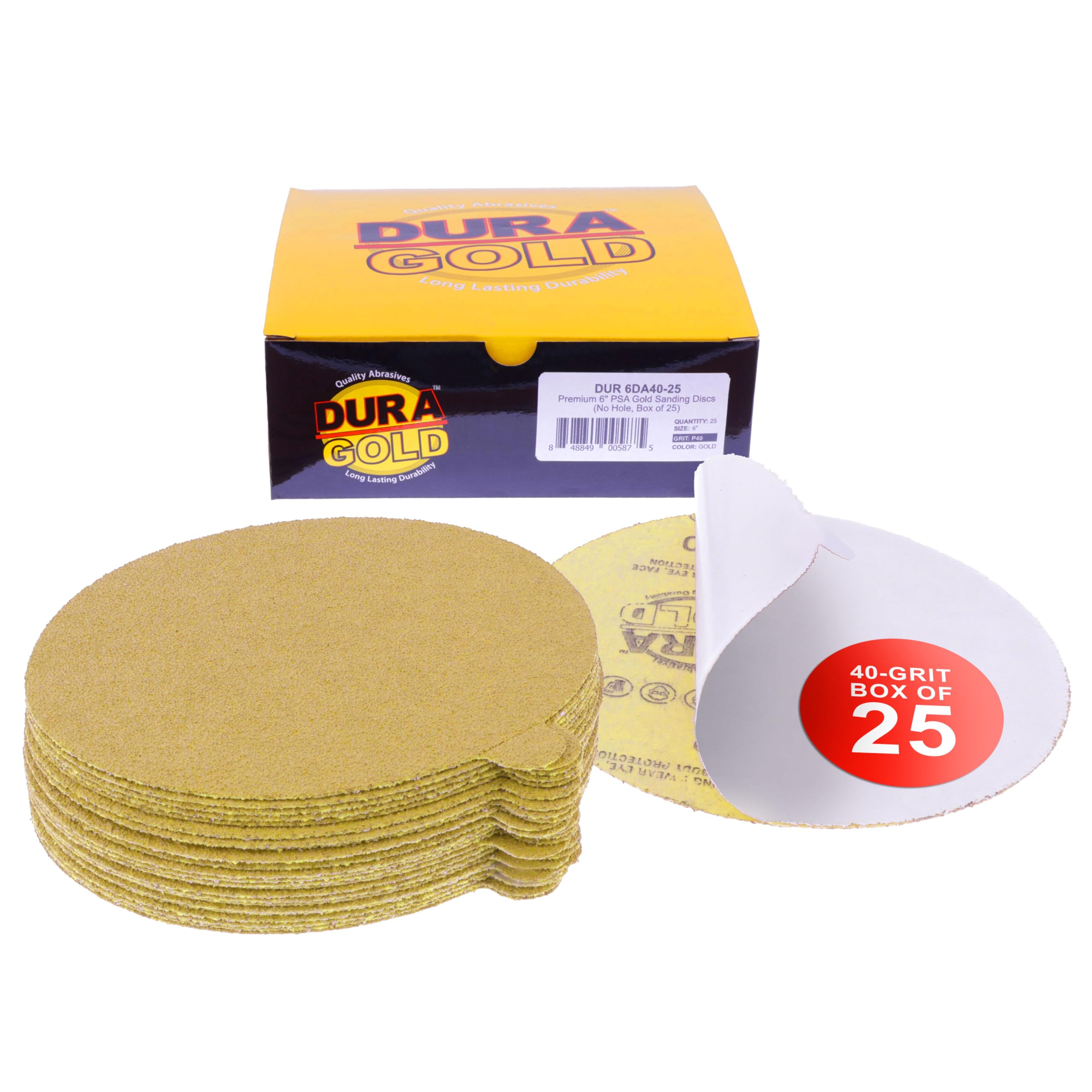 Dura-Gold Premium 6" Gold PSA Sanding Discs - 40 Grit, Box of 25 - Self Adhesive Stickyback Sandpaper for DA Sander, Finishing Coarse-Cut Abrasive -