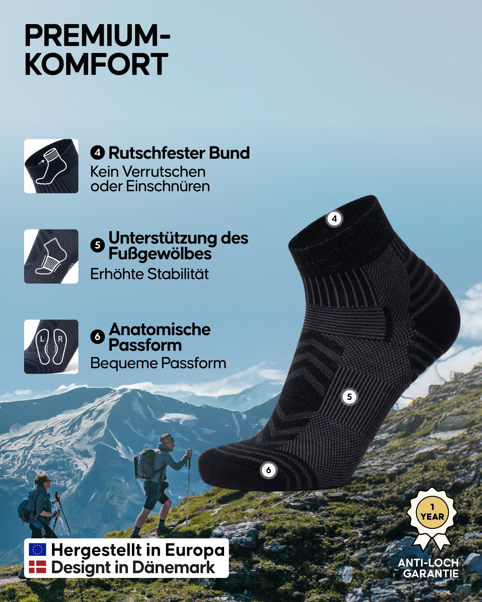 DANISH ENDURANCE Kurze Merinowolle Wandersocken, Arbeitssocken, Merino Socken, Funktionssocken, Atmungsaktiv, Leicht Gepolstert, Herren & Damen, 3 Paar