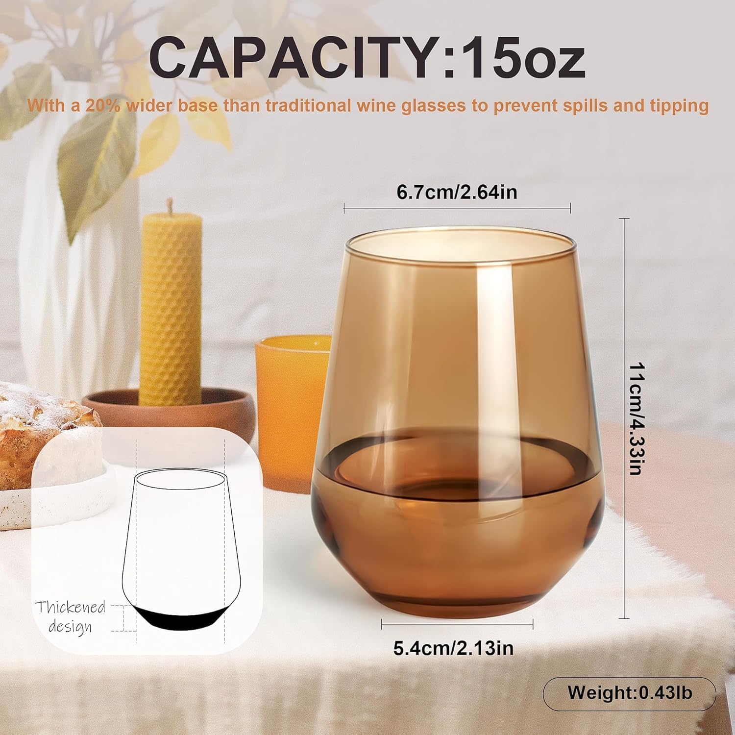 Brown Stemless Wine Glasses Set of 6, 15oz Drinking Glassware Dishwasher Safe, Wine Glass Tumblers for Red or White, Gift for Party, Holiday, Anniversary, Restaurant, Home Bar, Daily Use - Image 2