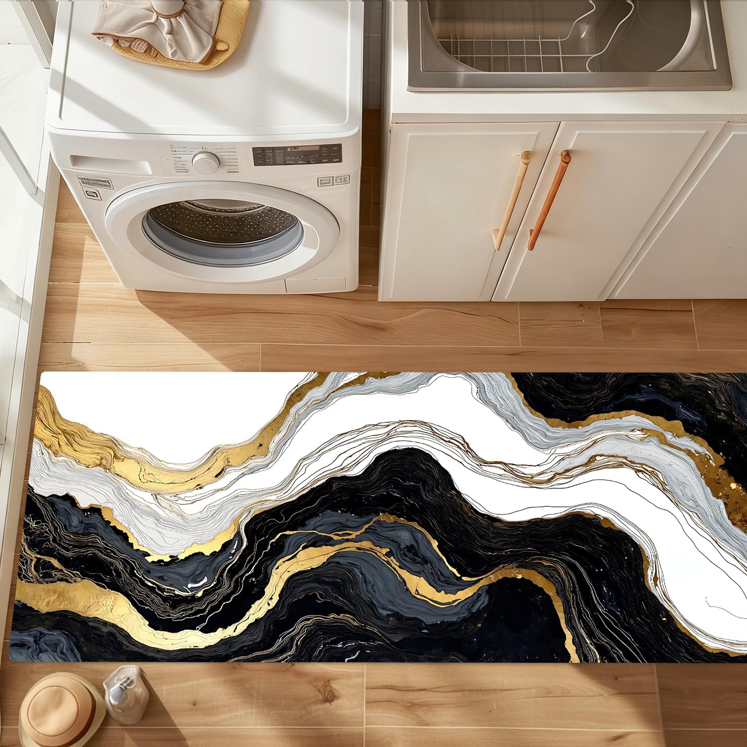 ANNA QUEEN Black and Gold Marble Laundry Room Rug 20x47 Inch – Abstract Art Non Slip Runner Mat for Kitchen, Laundry and Modern Home Decor