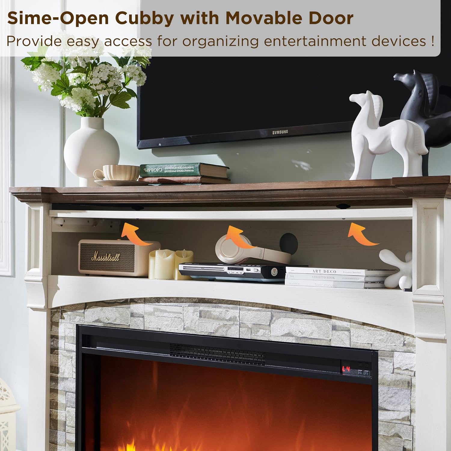Image showing the sime-open cubby of the fireplace mantel, with the top lid open to reveal storage space for media devices and other items.