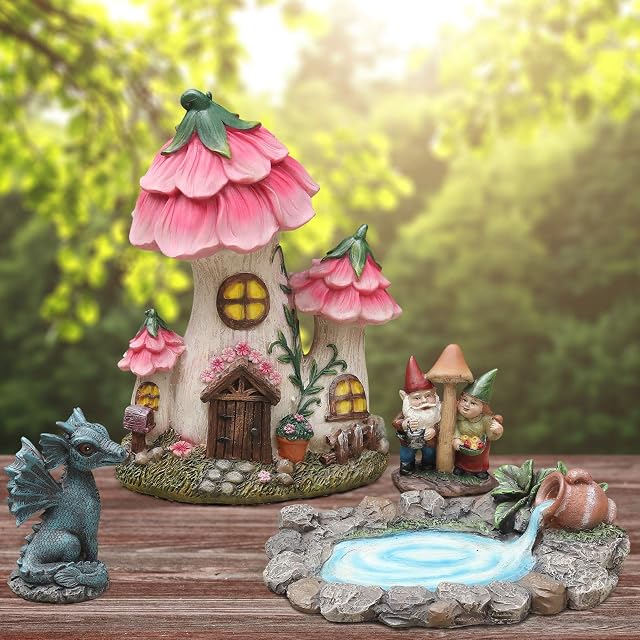 RedMaple Fairy Garden Ornaments Accessories Outdoor, Christmas Gnome Dragon Fairy House Sculptures Garden Decor Kit Elf Pond Statues Miniature for Yard Lawn Garden Decorations