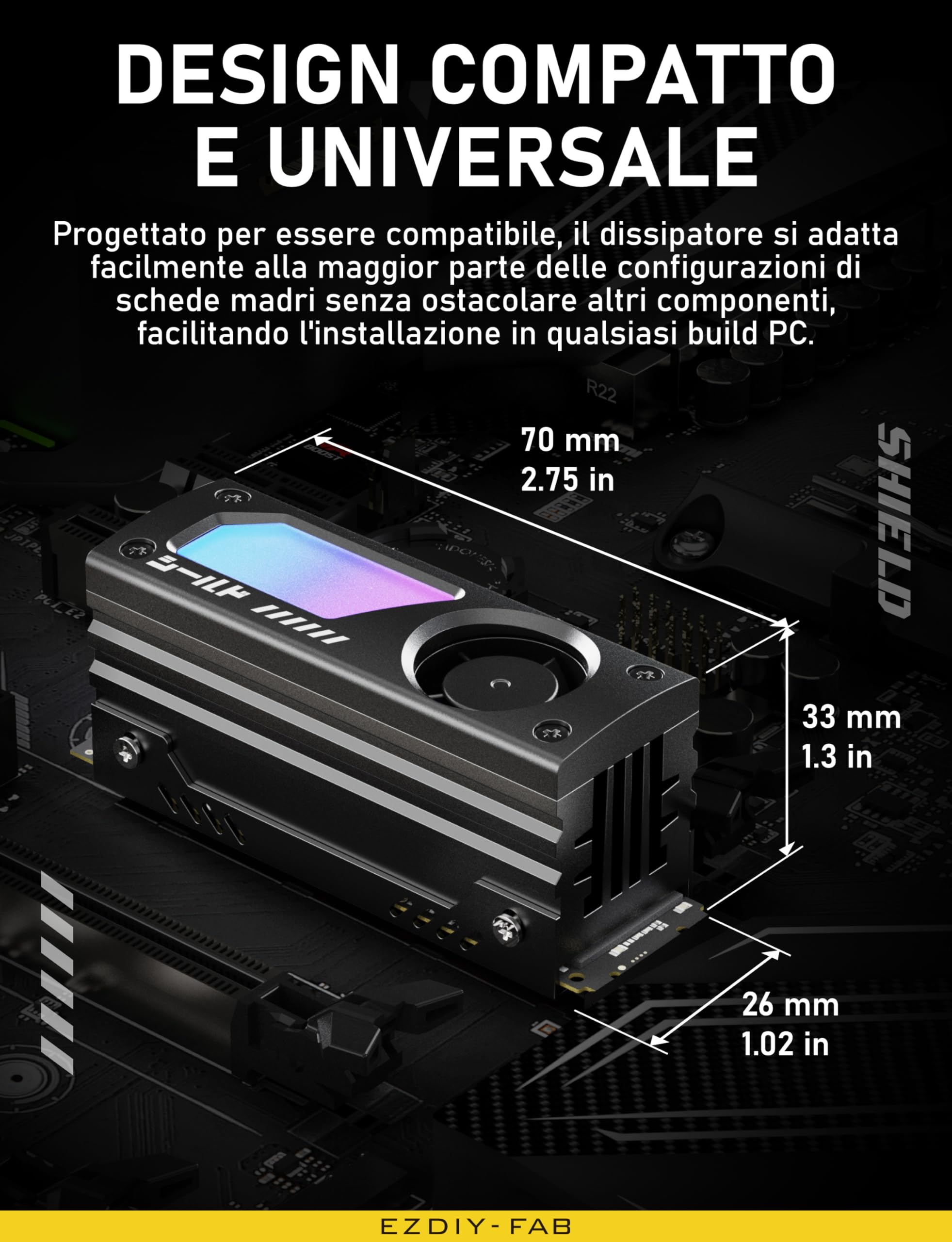 EZDIY-FAB Shield ARGB Dissipatore M.2 SSD con Ventola PWM da 20mm, Design in Alluminio Premium, Sincronizzazione ARGB 5V 3-Pin, Dissipatore Alta Prestazione per M.2 2280,Nero,1 Confezione