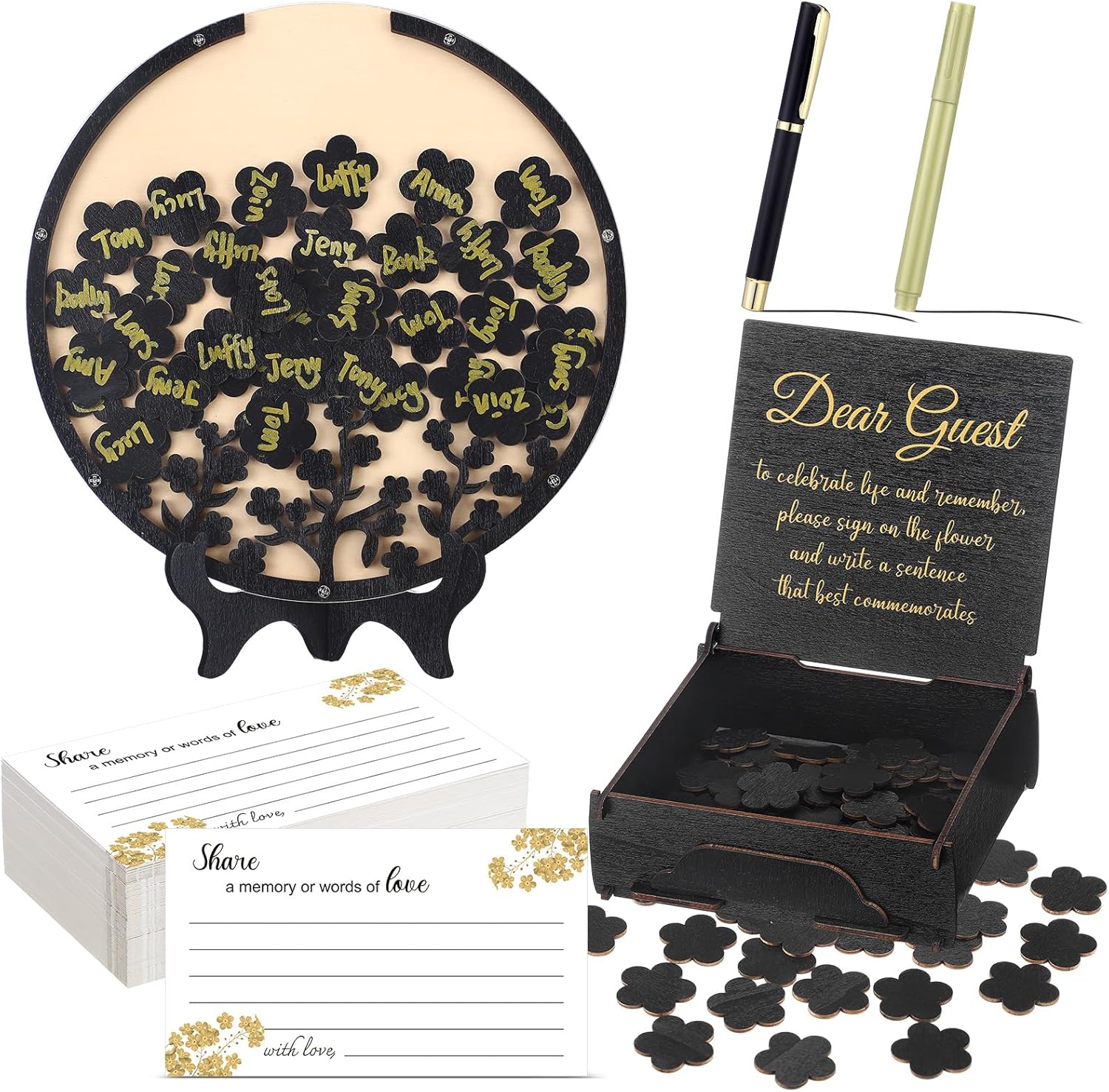 Wooden Funeral Guest Book Set for Memorial Service Celebration of Life Decorations Loving Memory Guestbook Share a Memory or Words of Love Cards Pen Table Sign (Forget Me Not Flower)
