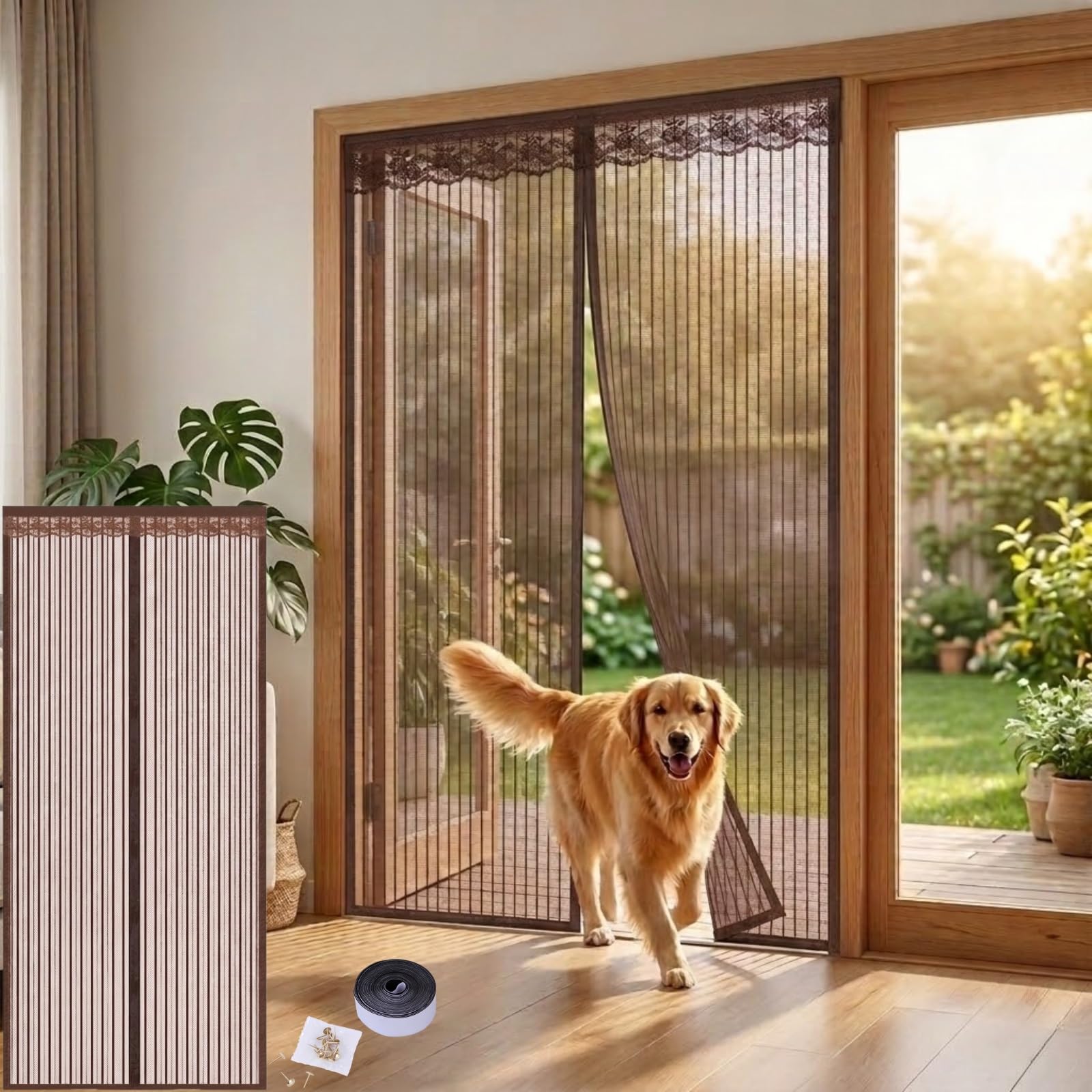Magnetic Fly Screen Door Mesh Curtain, Heavy Duty Fiberglass Door Screen with Powerful Magnets, Hands-Free Self-Sealing Net for Patio, Balcony, 90 x 210cm, Black(Brown,55x83in(140x210cm))