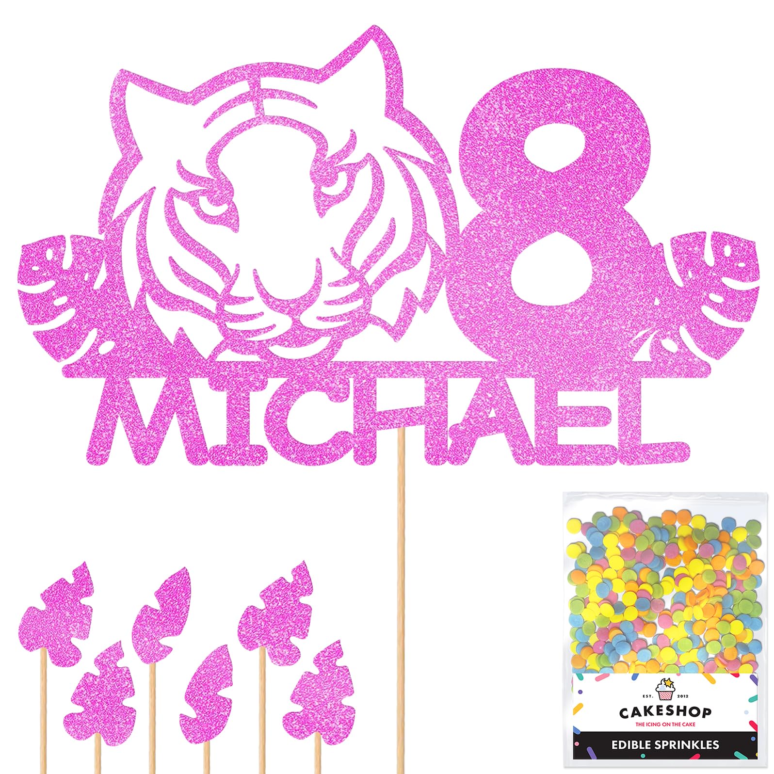 Personalised Birthday Jungle Tiger Glitter Cake Topper Lt Pink Any Custom Age & Name Glitter Cake Decoration and Sprinkles - Happy Birthday Decorations - Personalised Toppers for Cakes by Cakeshop