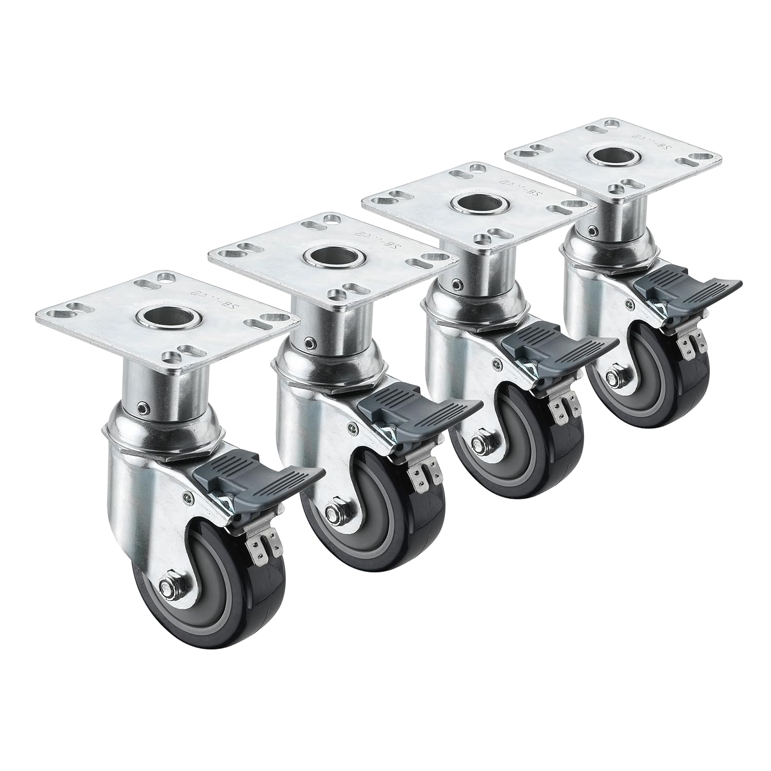 Krowne 28-135S Heavy Duty Adjustable Height Plate Caster, 500 Lbs Per Caster Load Capacity, 6" to 7" Height Adjustment, Swivel with Lock, 3" Diameter, 3-1/2" x 3-1/2", Grease Resistant, Set of 4
