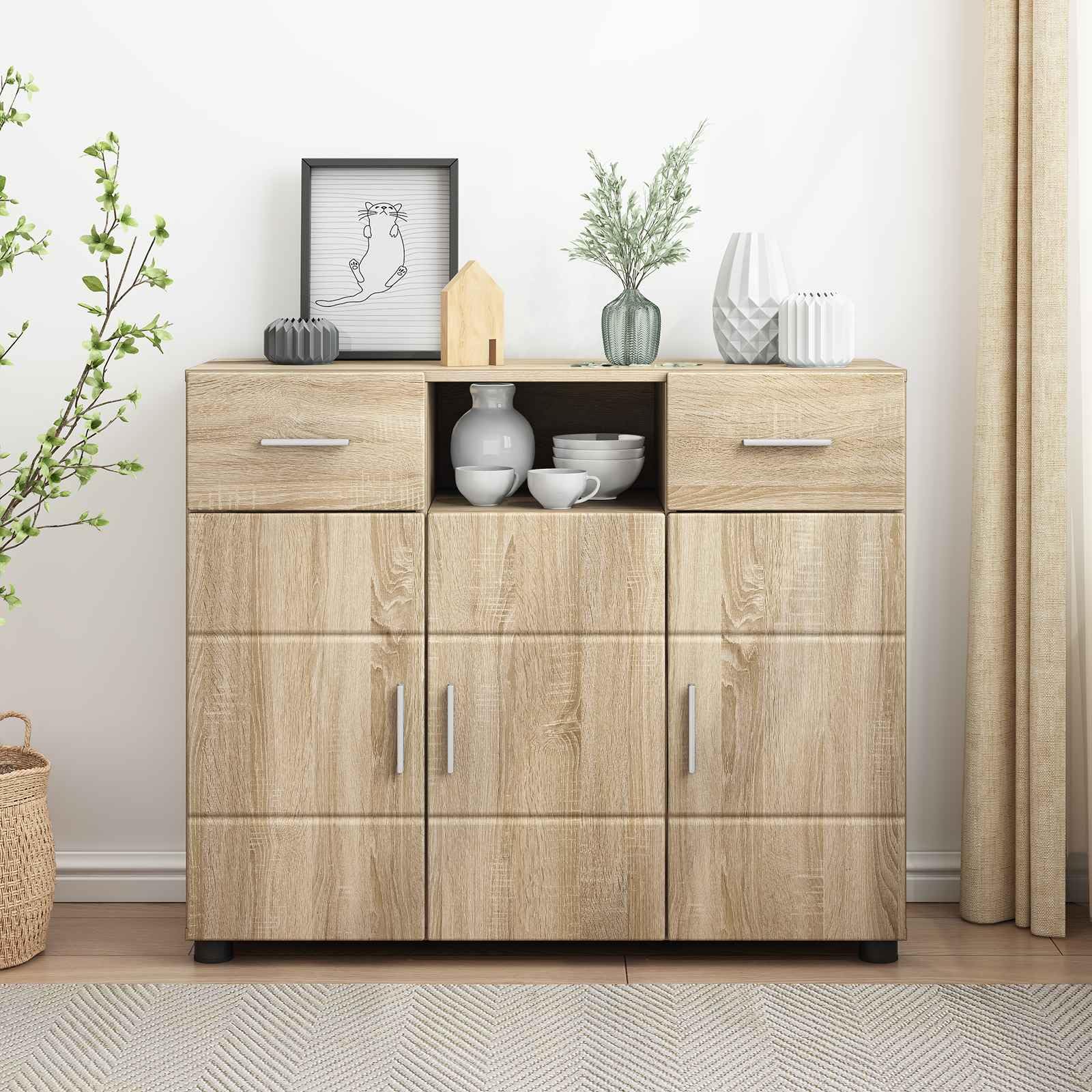 Armadio in legno di quercia Sonoma con 3 ante, 2 cassetti e 3 ripiani, opaco, versatile per soggiorno, ufficio e sala familiare, durevole e facile da pulire