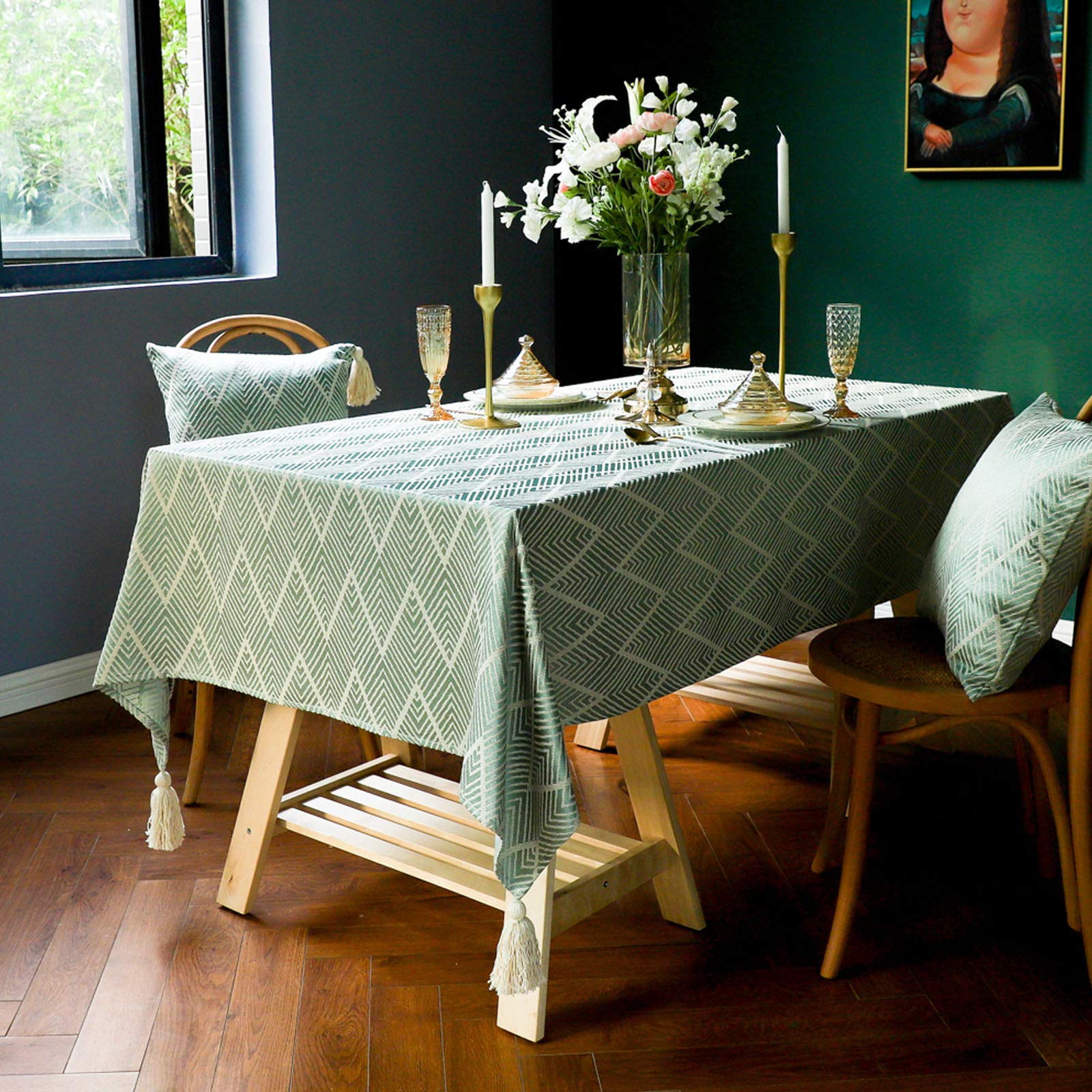 Tischdecke, Stil frische und künstlerische Tischwäsche aus Baumwolle und Quasten, rechteckige Couchtisch-Tischdecken, Leinenoptik, pflegeleicht, waschbar, 90 x 90 cm (35 x 35 Zoll)