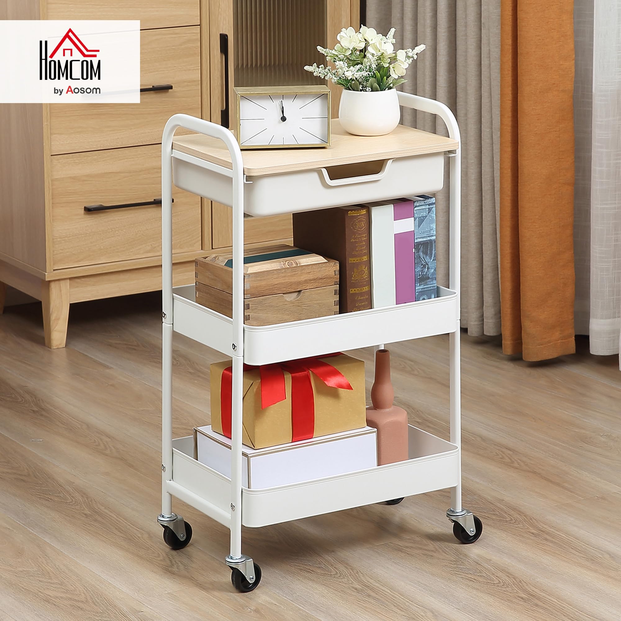 HOMCOM - Carro de Servicio para Cocina, 2 estantes cajón, Bandeja de Madera, Acero PP, Color Blanco