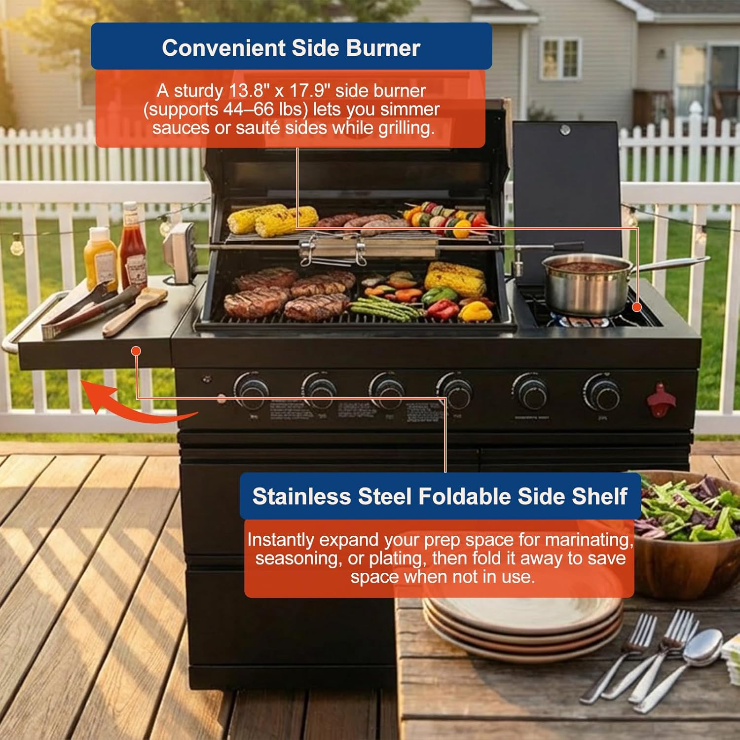 84-Inch Outdoor Kitchen Island BBQ Gas Grill, 6-Burner Propane & Natural Gas Grill with Rear & Side Burner, 75,300 BTU Stainless Steel Barbecue Grill with Refrigerator, Sink for Patio Backyard