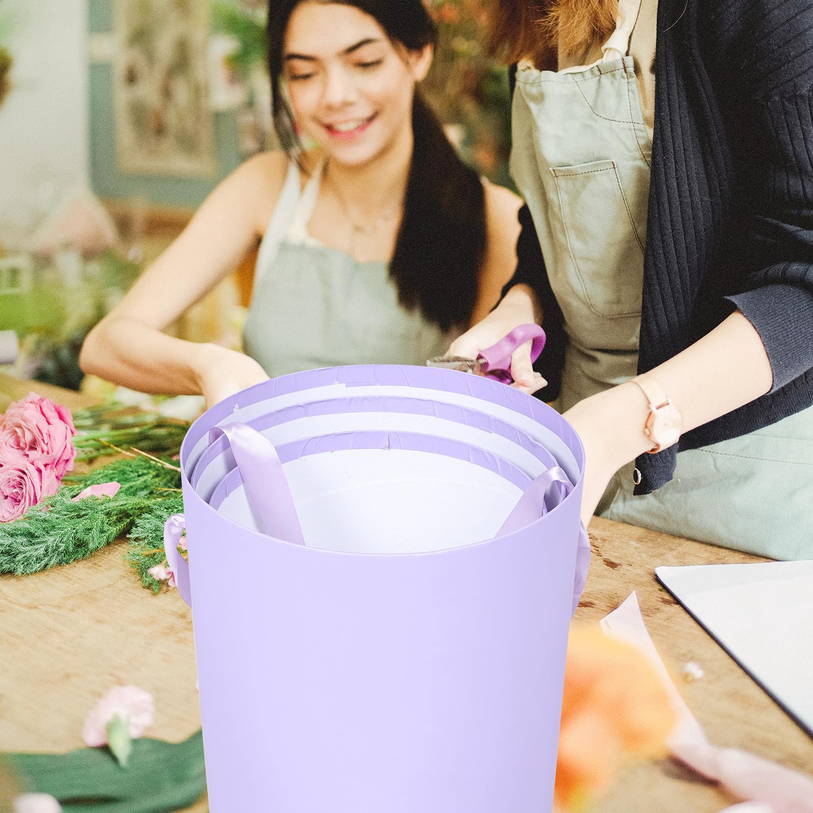 3 Pezzi Scatola per Confezione Bouquet Rotonda in Cartone Porpora