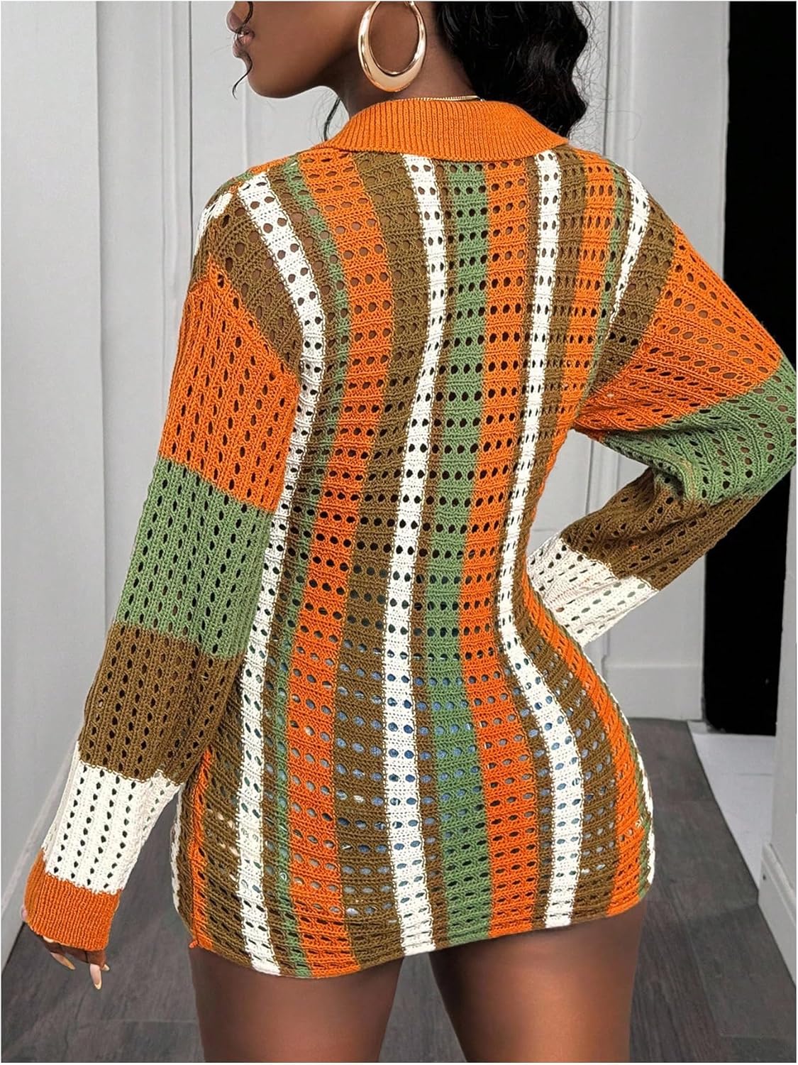 GORGLITTER Women's Colorblock Cardigan Sweater Cozy Lightweight Button Up Long Sleeve Striped Hollow Out Knit Top - Image 3