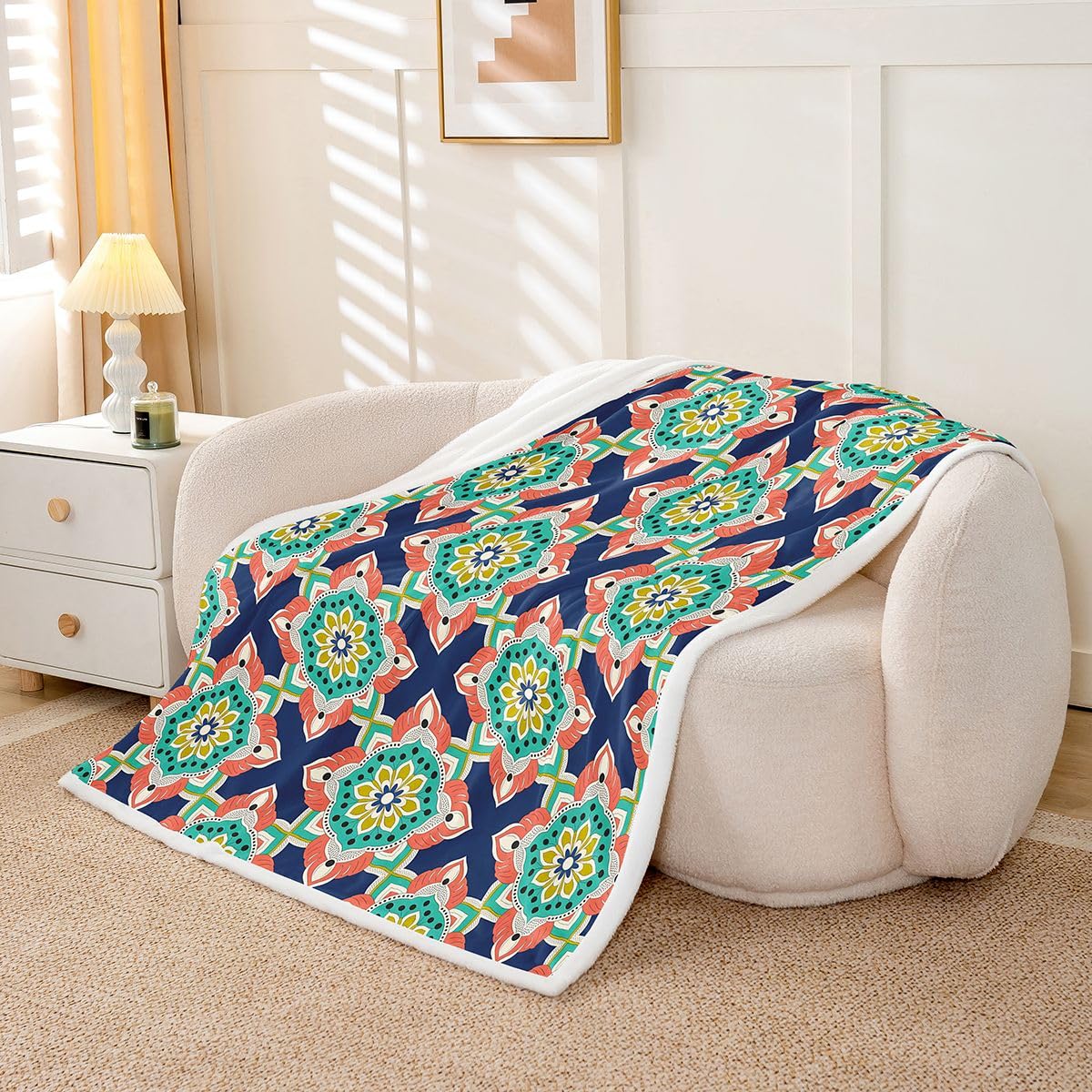 Homewish turkusowy boho kwiatowy puszysty pluszowy narzuta vintage mandala kwiaty polarowy koc hipisowskie kwiaty geometryczny patchwork szerpa koc - bohema plemienna etniczna estetyczna dekoracja