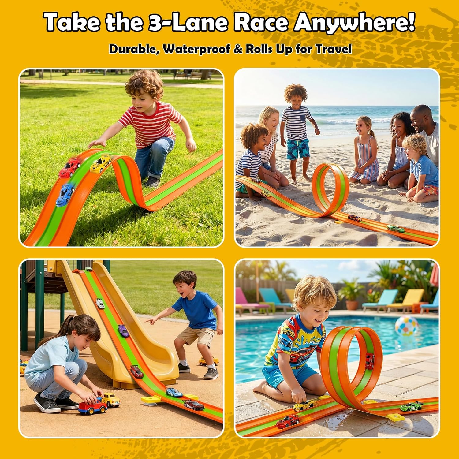 16 Ft Flex Track, Flexible Race Track for Kids with Suction Cups and Ramps Compatible with Hot Wheels and Diecast 1/64 Cars, Roll Up Race Track for Toddlers Ages 3 & Up (3 Lane - Green & Orange)