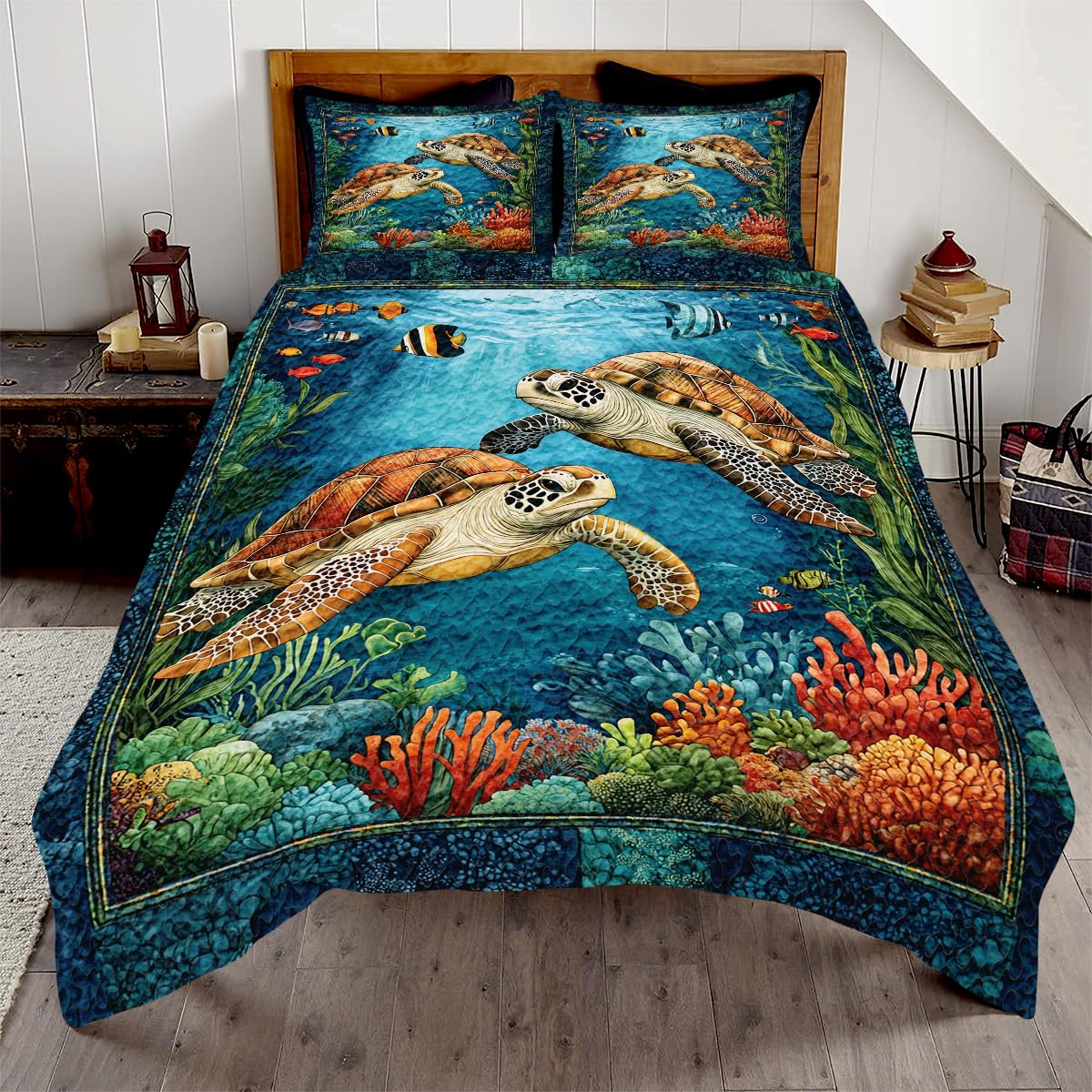 Polynesion Sea Turtle Quilt, Hawaii Turtle Quilt Bedspread Bedding Set, Coastal Blue Sea Hawaiian Turtle Full Size for Kids, Adults Ocean Beach Theme