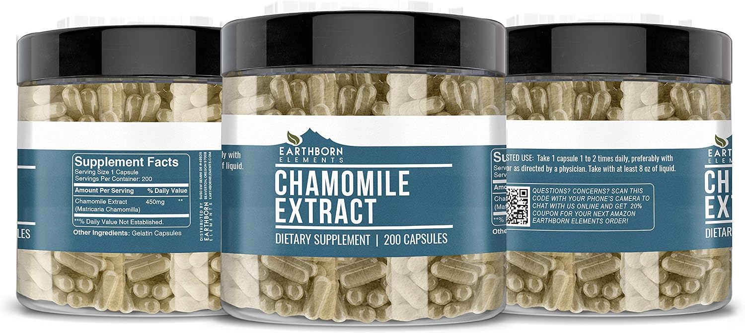 Earthborn Elements Chamomile Extract 200 Capsules, Pure & Undiluted, No Additives