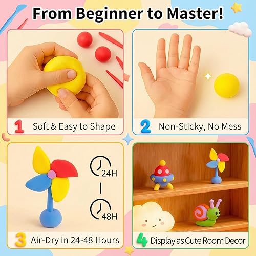 Miniatura 3 de NewFamily Kit de arcilla seca al aire, 15 colores, 12 proyectos paso a paso, tarjetas de proyecto y guía de instrucciones, arcilla suave no pegajosa