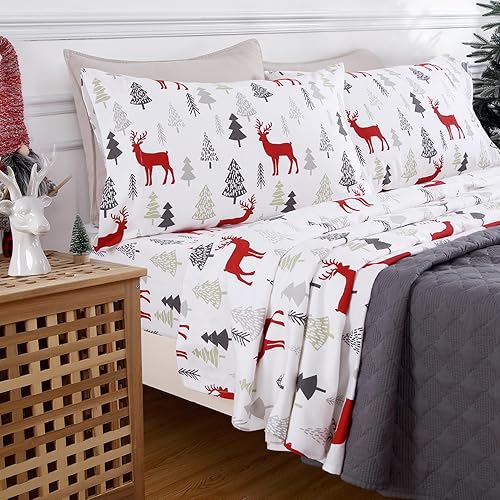 Miniatura 8 de CAROMIO Juego de sábanas de Navidad tamaño individual, 100% franela de algodón impresa, franela cepillada suave y pesada, sábanas cálidas de
