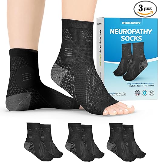 BraceAbility Neuropathy Socks (3 Pairs) - Multipack Peripheral Compression Diabetic Toeless Foot Sleeves for Nerve Damage in Feet, Ankle Gout, Plantar Fasciitis Relief for Men and Women (S - Black)