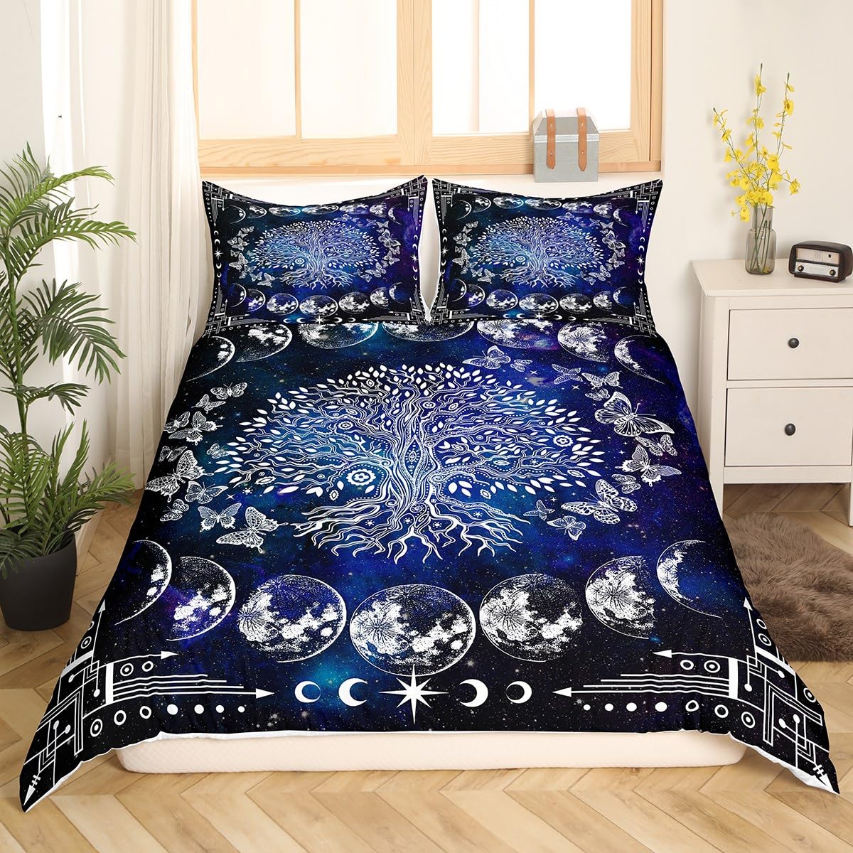 Baum Des Lebens Bettwäsche Set 135x200 Boho Exotische Schmetterling Druck Bettbezug Sonne und Mond Tröster Bezug Teens Kinder Schlafzimmer Dekor Böhmische Gothic Hippie Bettwäsche Schwarz und Weiß