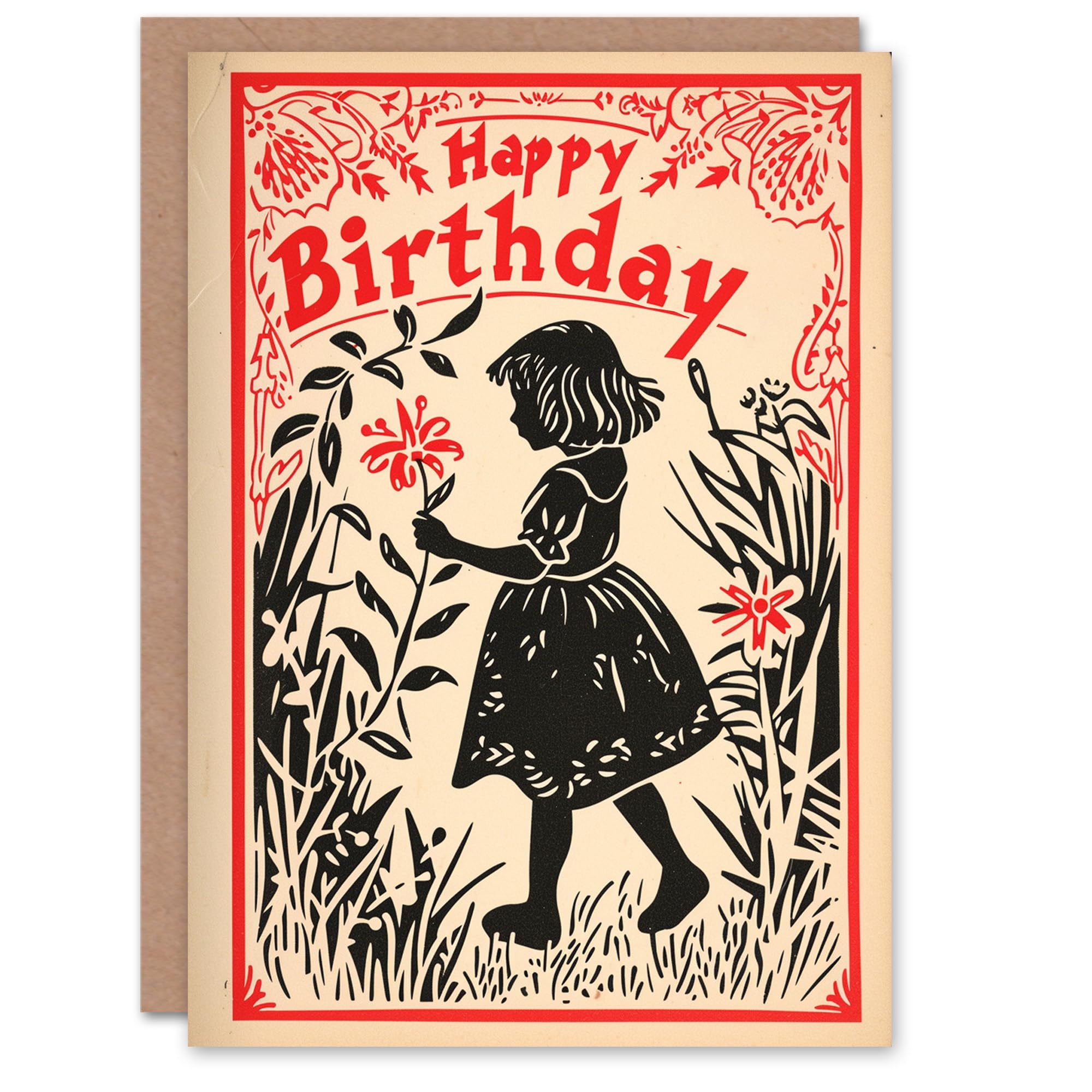 Artery8 Women's Birthday Card Flower Meadow Vintage Style Red