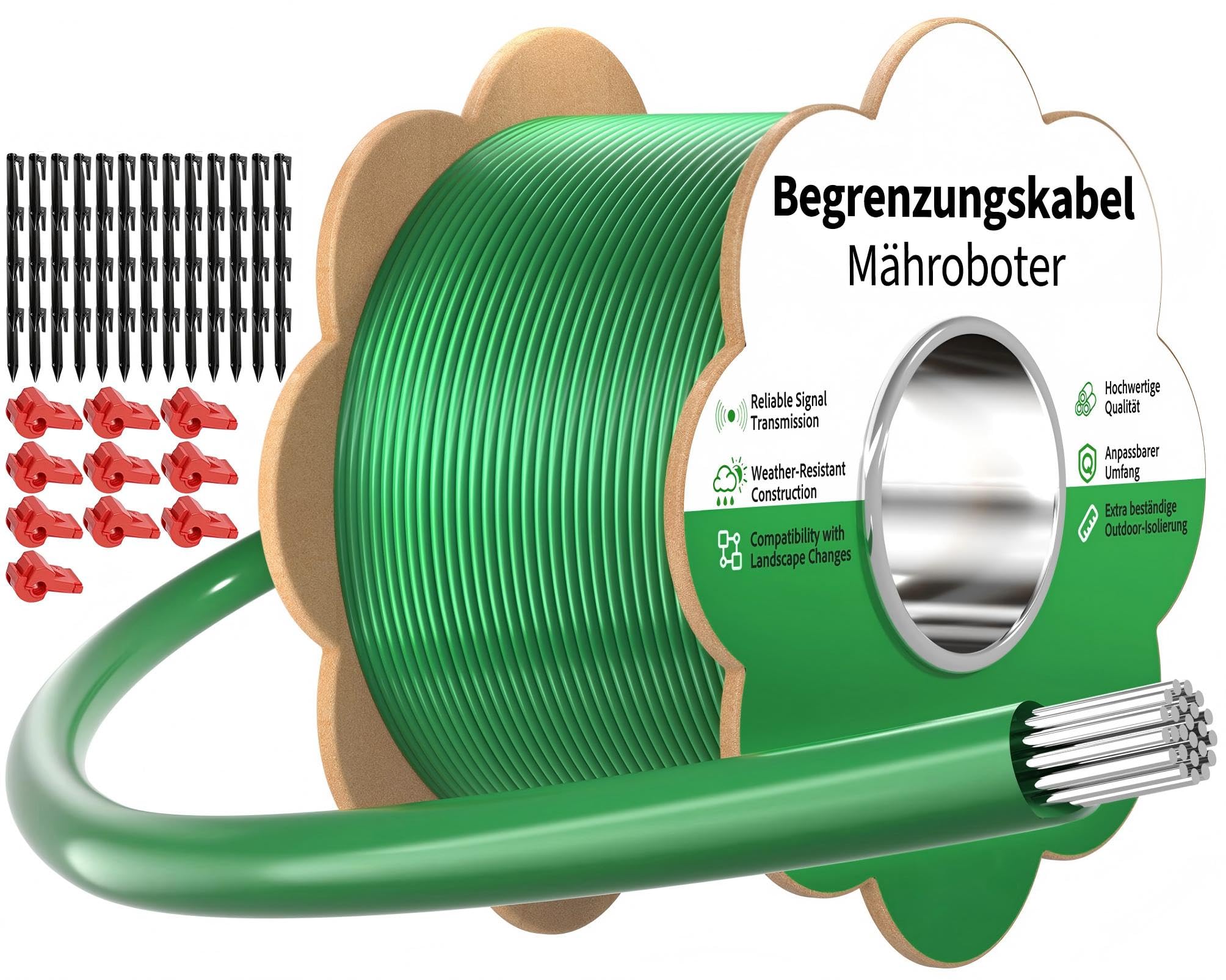 Begrenzungskabel Mähroboter - 100m Rasenroboter Begrenzungsdraht Set mit 50 Erdnägel +10 Verbinder +10 Anschlussklemmen, Allgemein Rasenmäher Roboter Kabel Kompatibel mit Gardena Husqvarna Worx Bosch