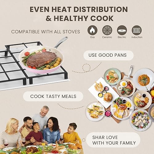 Miniatura 7 de Kikcoin Juego de sartenes antiadherentes de cerámica, 3 tamaños, sartenes para tortilla para cocinar, sartén para huevos de 8+9.5+11 pulgadas con