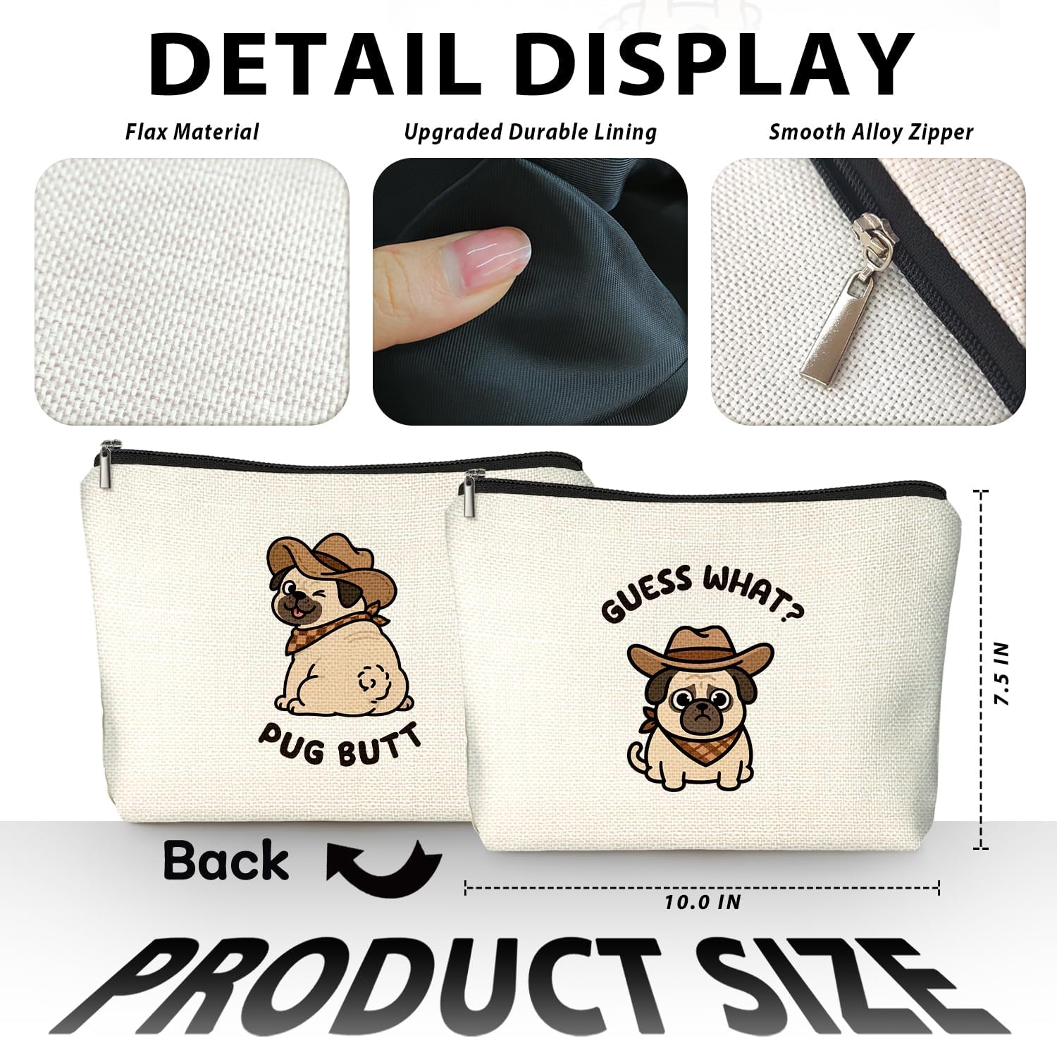 Funny Pug Makeup Bag, Pug Lovers Gifts for Women Cosmetic Bag, Dog Mom Lovers Gifts for Women, Funny Western Cowboy Dog Small Toiletry Bags Zipper Makeup Pouch - Image 2