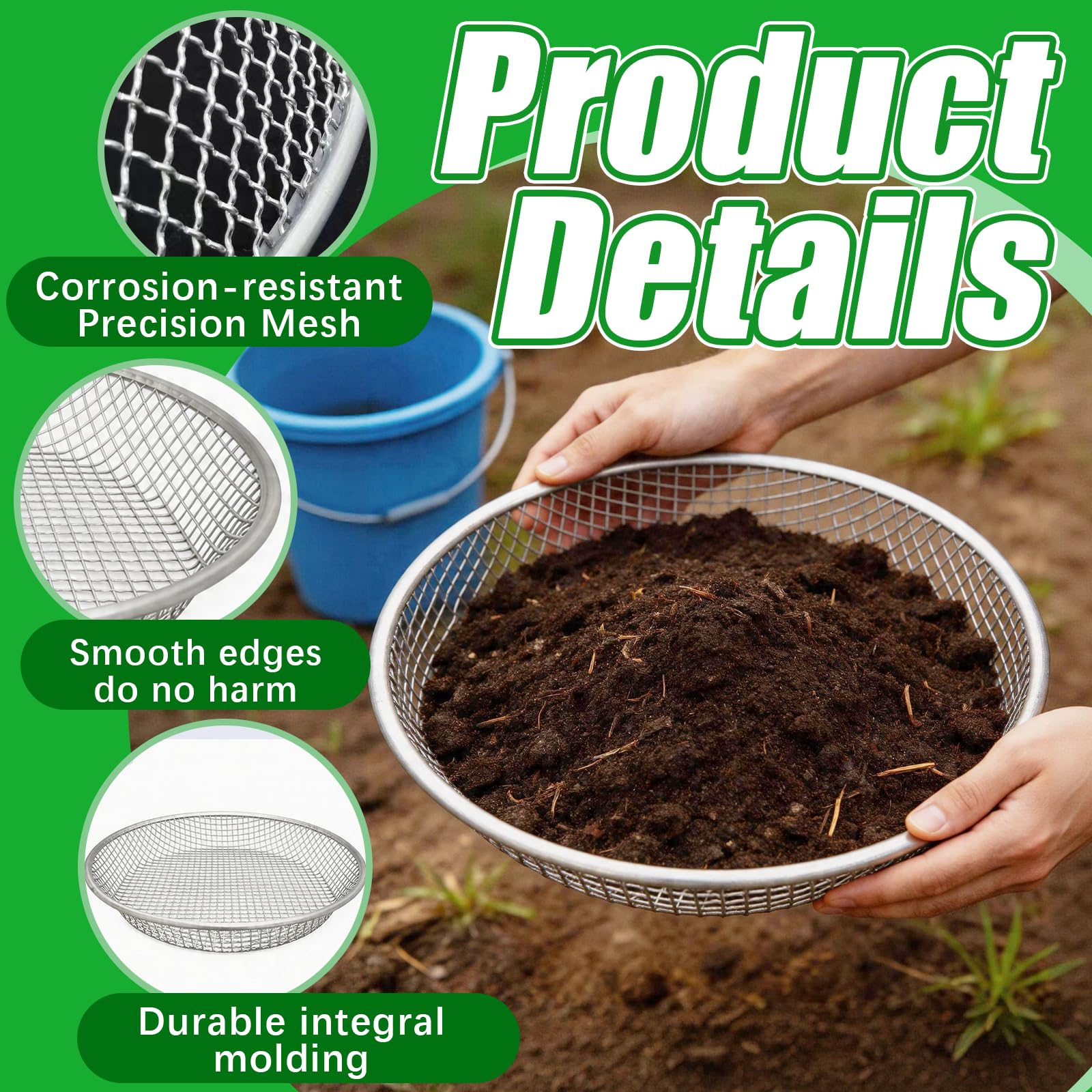 Tamiz De Jardín Para Tierra, 3PCS 30cm Tamiz Redondo Robusto De Acero Inoxidable Tamiz Para Plantar Con Orificios De 3 6 Y 10 mm Para Compost Piedras Tierra Arena Semillas Malas Hierbas Y Grava