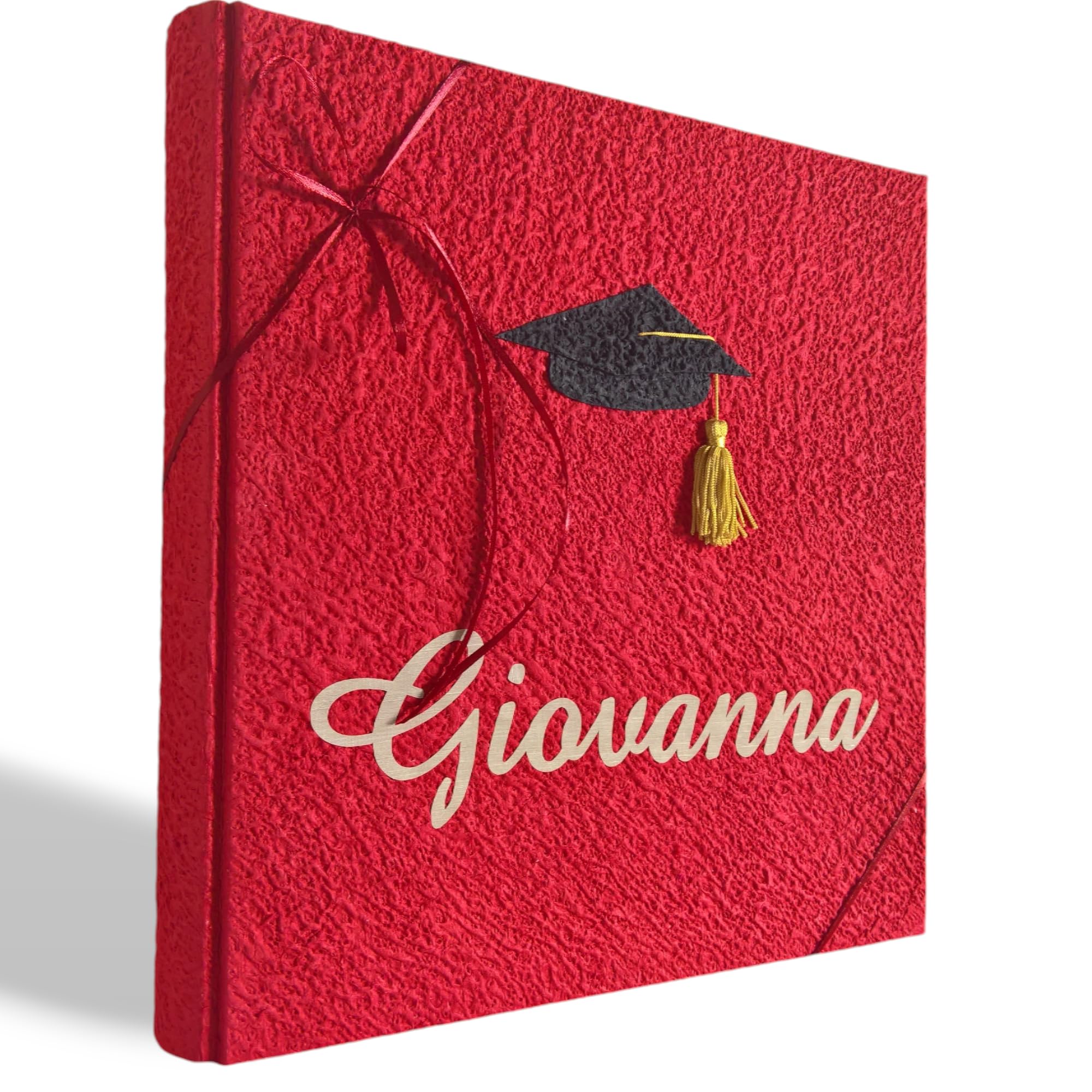 Album fotografico LAUREA in carta luna ROSSO con tocco e nome intagliato in tela di lino personalizzabile regalo diploma laurea specialistica università