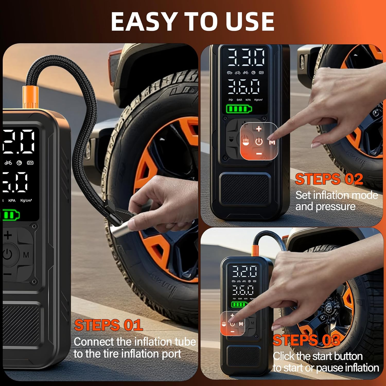 Y34 Tire Inflator Portable Air Compressor,4X Faster Inflation,6000mAh Cordless/12V DC 150PSI Air Pump with Digital Pressure Gauge for Car,Motorcycle,Bike,Valentines Day Gifts for Him - Image 7