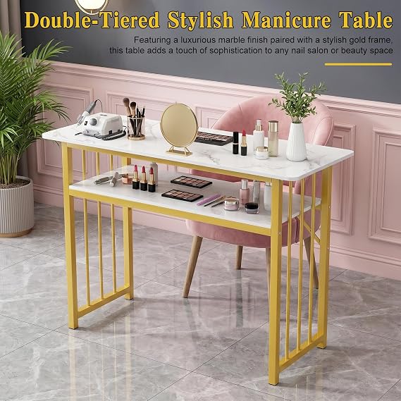 Manicure Table for Nail Tech, Modern Nail Beauty Desk with Storage Shelf, Marbling Surface and Golden Iron Frame, Professional Salon Workstation for Home Use, 80-120cm 100cm