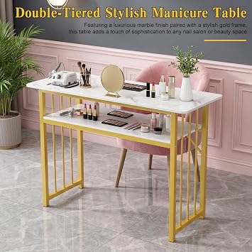 Manicure Table for Nail Tech, Modern Nail Beauty Desk with Storage Shelf, Marbling Surface and Golden Iron Frame, Professional Salon Workstation for Home Use, 80-120cm 100cm
