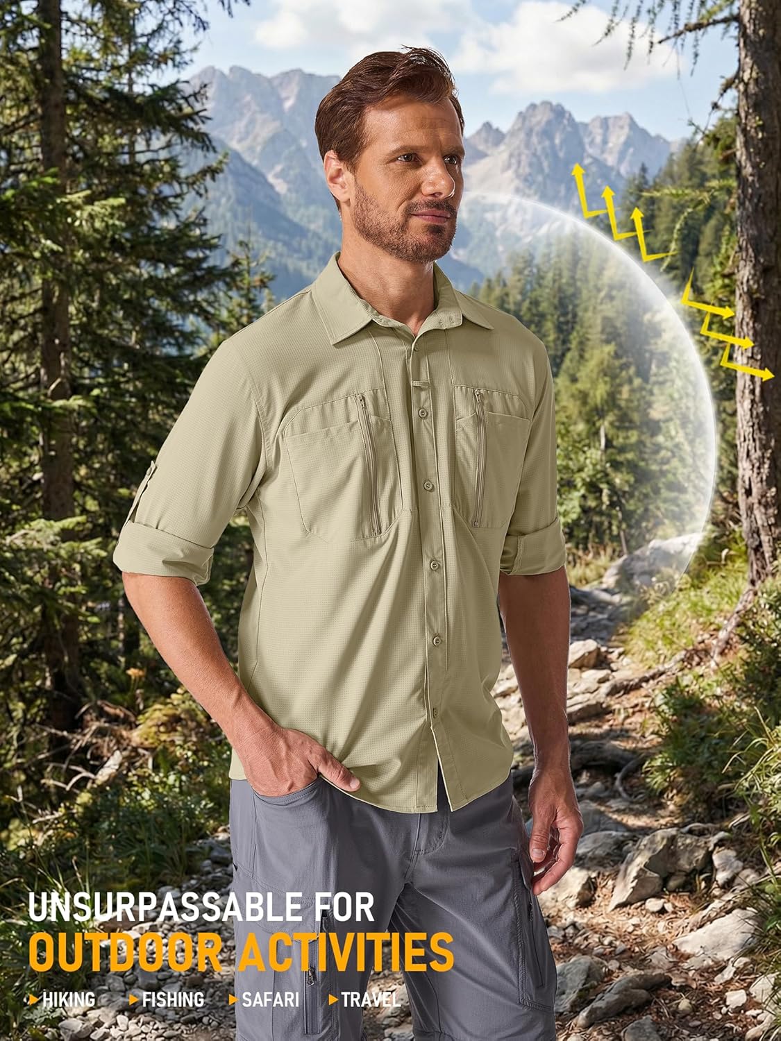 Men's Long Sleeve Sun Protection Shirt UV Quick Dry Cooling Fishing Shirts for Travel Safari Camping Hiking