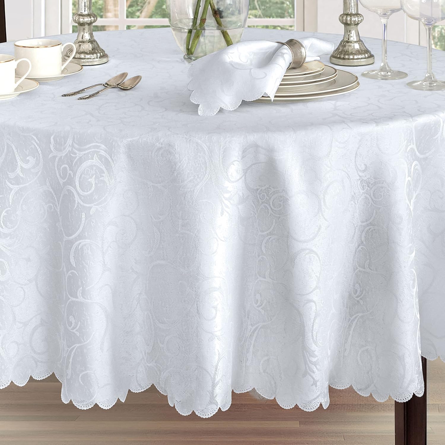 Newbridge Portofino Scalloped Damask Fabric Tablecloth, 60 x 102 Inch Oval, White, Wrinkle and Stain Resistant Dining Room Party Banquet Table Cover