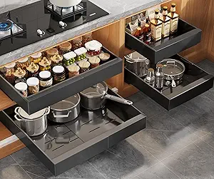 4 Pack Expandable Pull Out Cabinet Organizer 21"Deep With Raising Pad for Framed Cabinets,Upgrade 3 Slide Rails Slide Out Drawers,No Drill Roll Out Shelves,Adjustable Width 12.1"-20.4" Black
