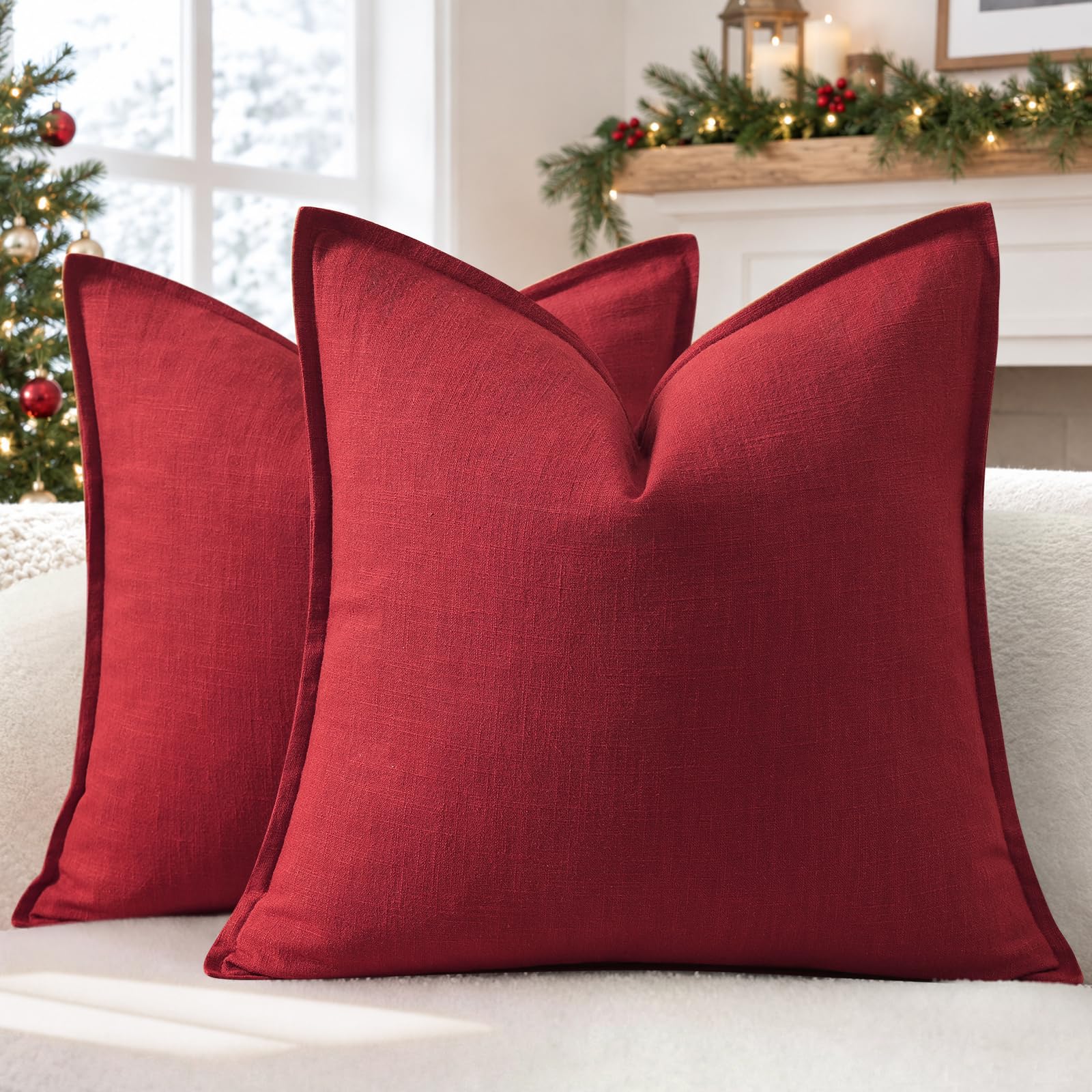 YCOLL Cushion Covers 50x50 cm Set of 2 – Soft Natural Linen Cushions with Trim, Solid Colour Decorative Cushion Cover for Sofa, Couch, Bed and Living Room, Red